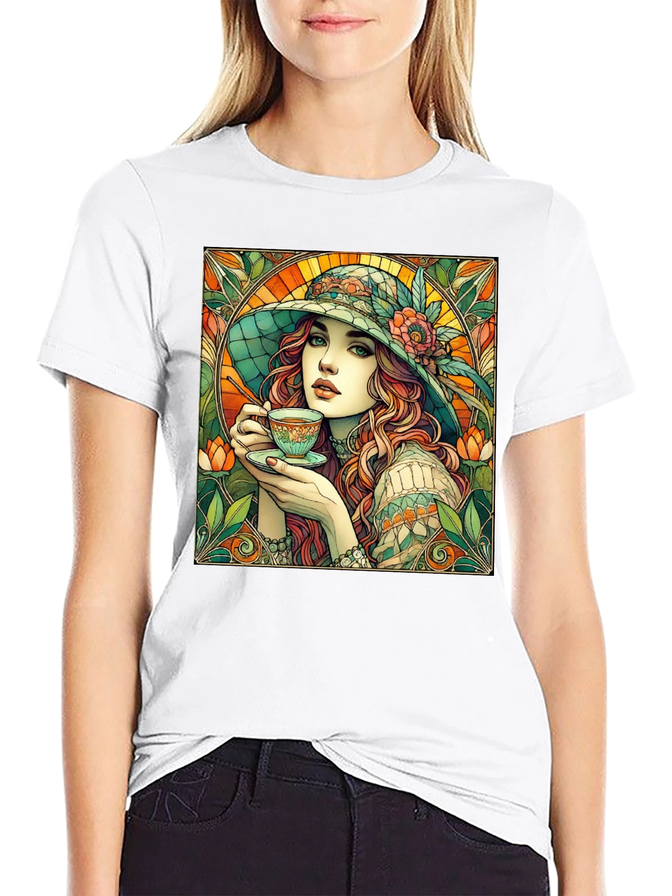 Woman with Tea T-Shirt - Art Nouveau Style