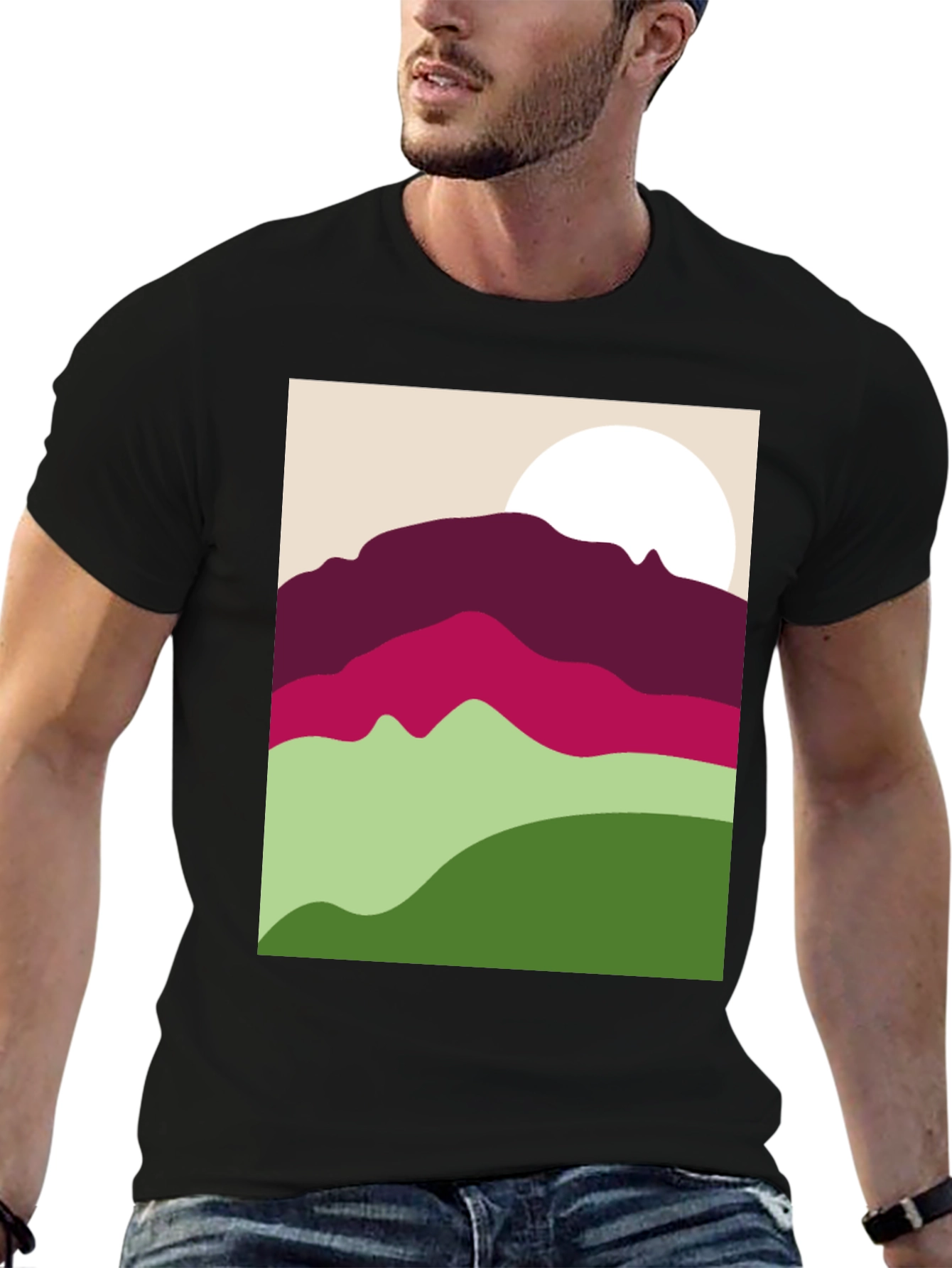 Abstract Mountain Scene Graphic Tee - Black
