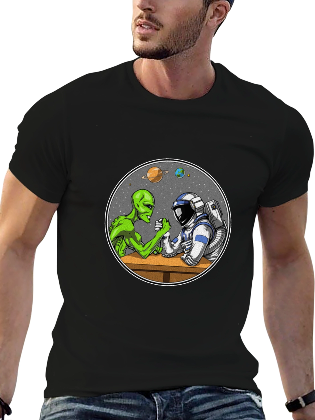 Alien vs Astronaut Arm Wrestle Black T-Shirt
