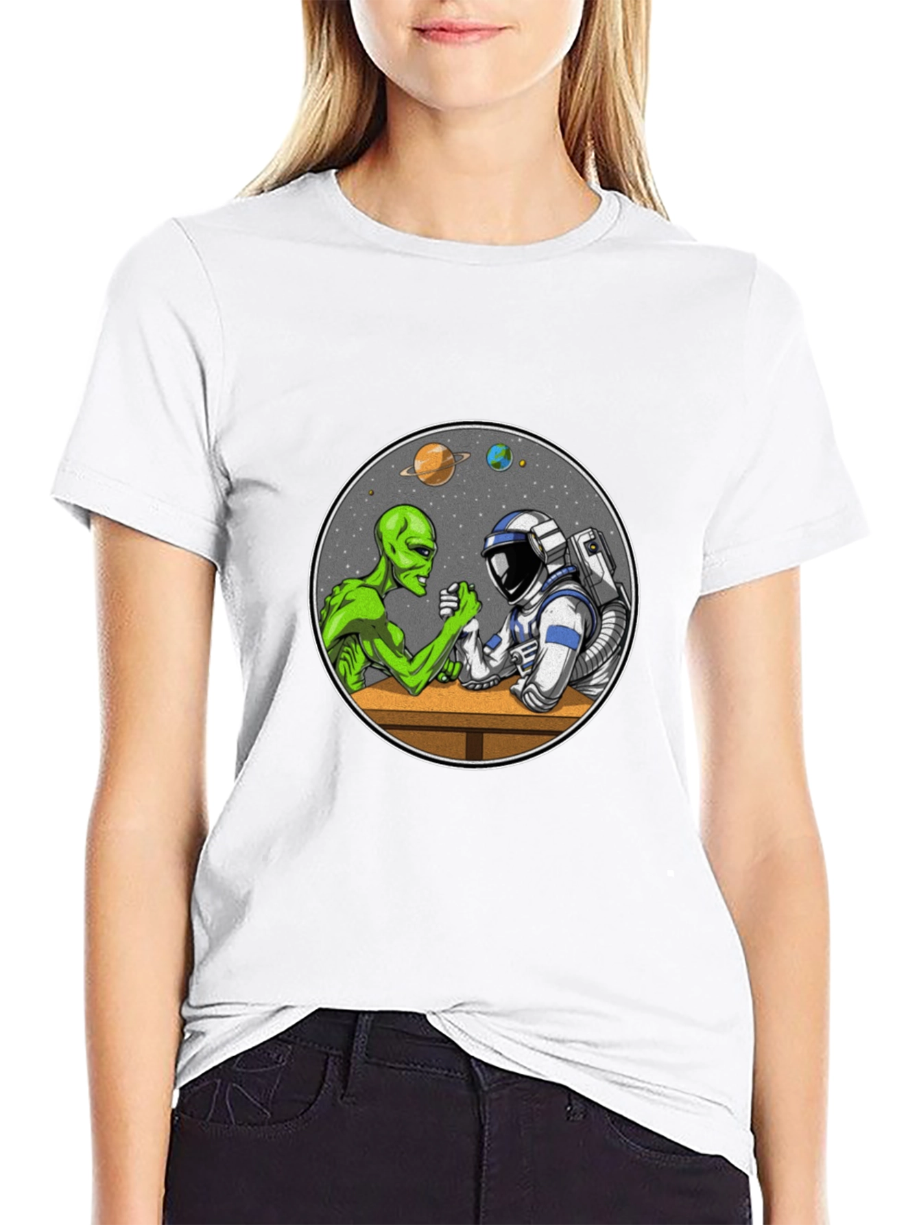 Alien vs Astronaut Arm Wrestle Black T-Shirt