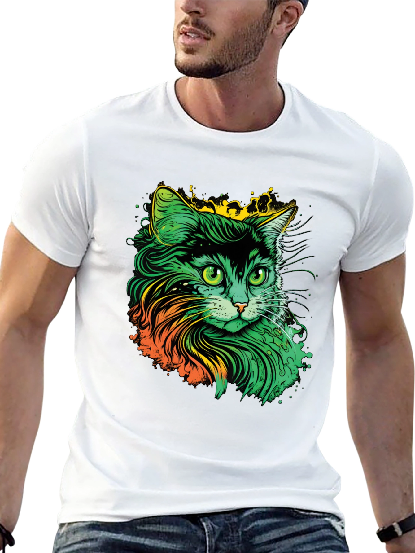 Vibrant Cat Graphic T-Shirt - Black