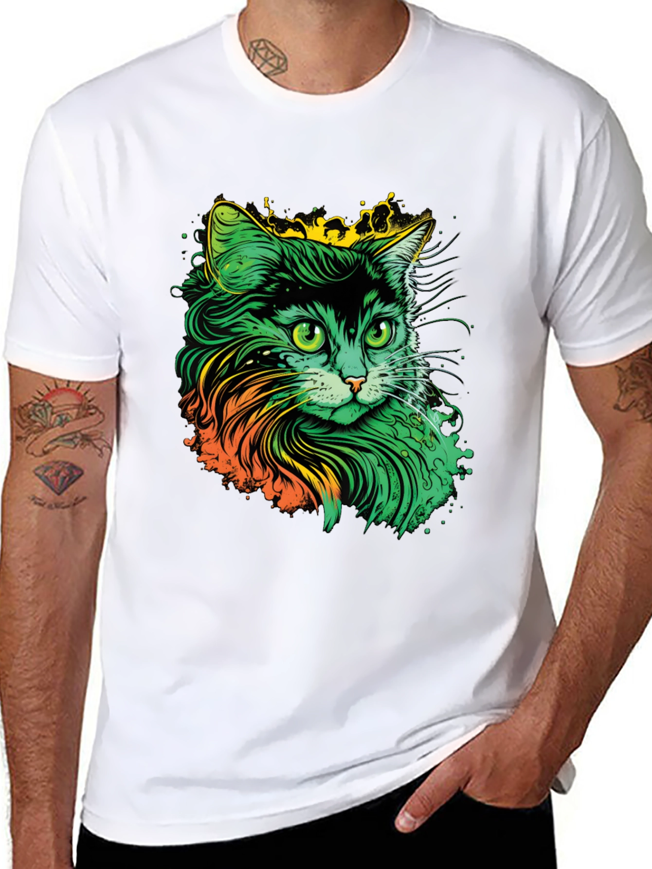 Vibrant Cat Graphic T-Shirt - Black