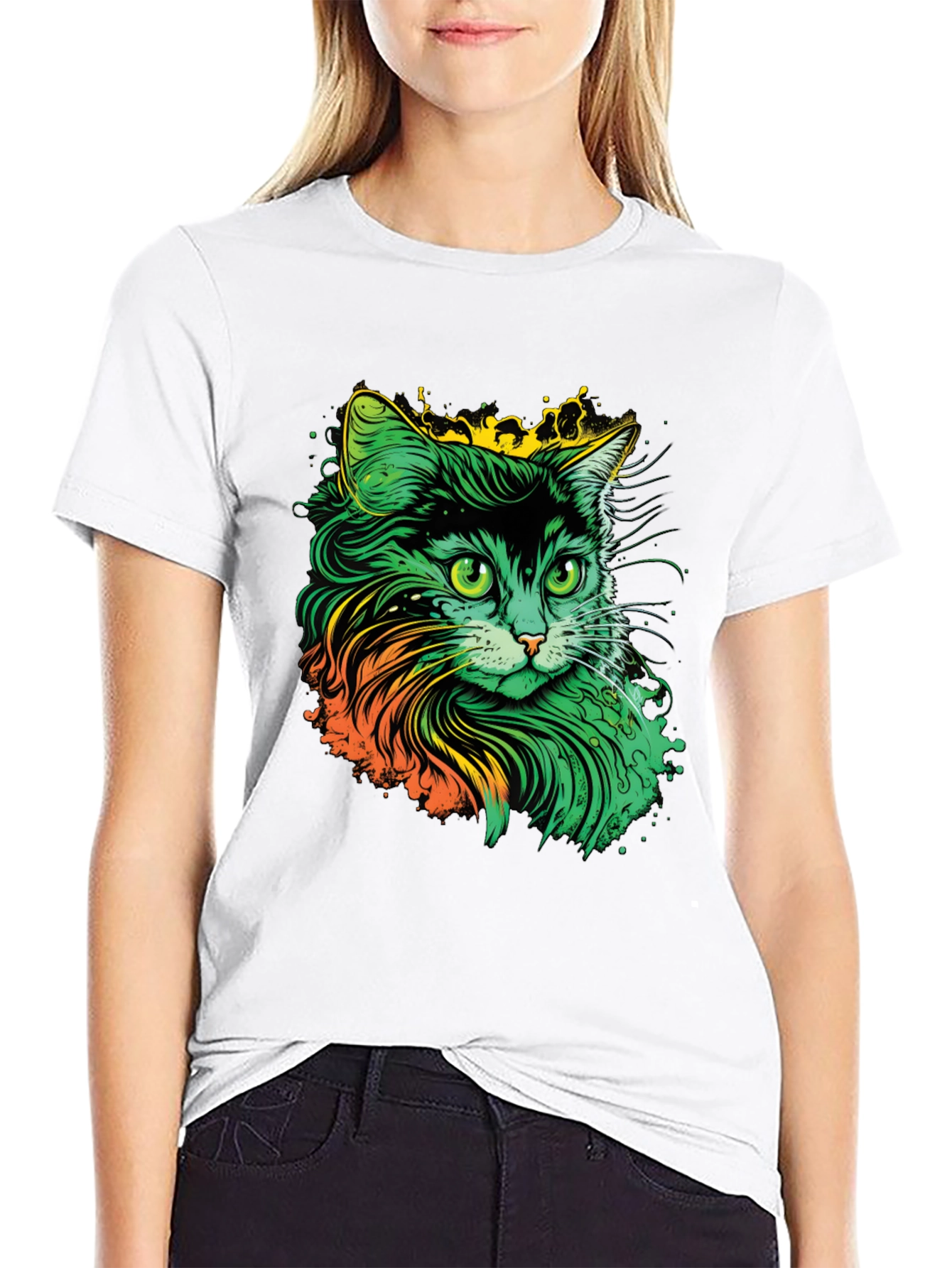 Vibrant Cat Graphic T-Shirt - Black