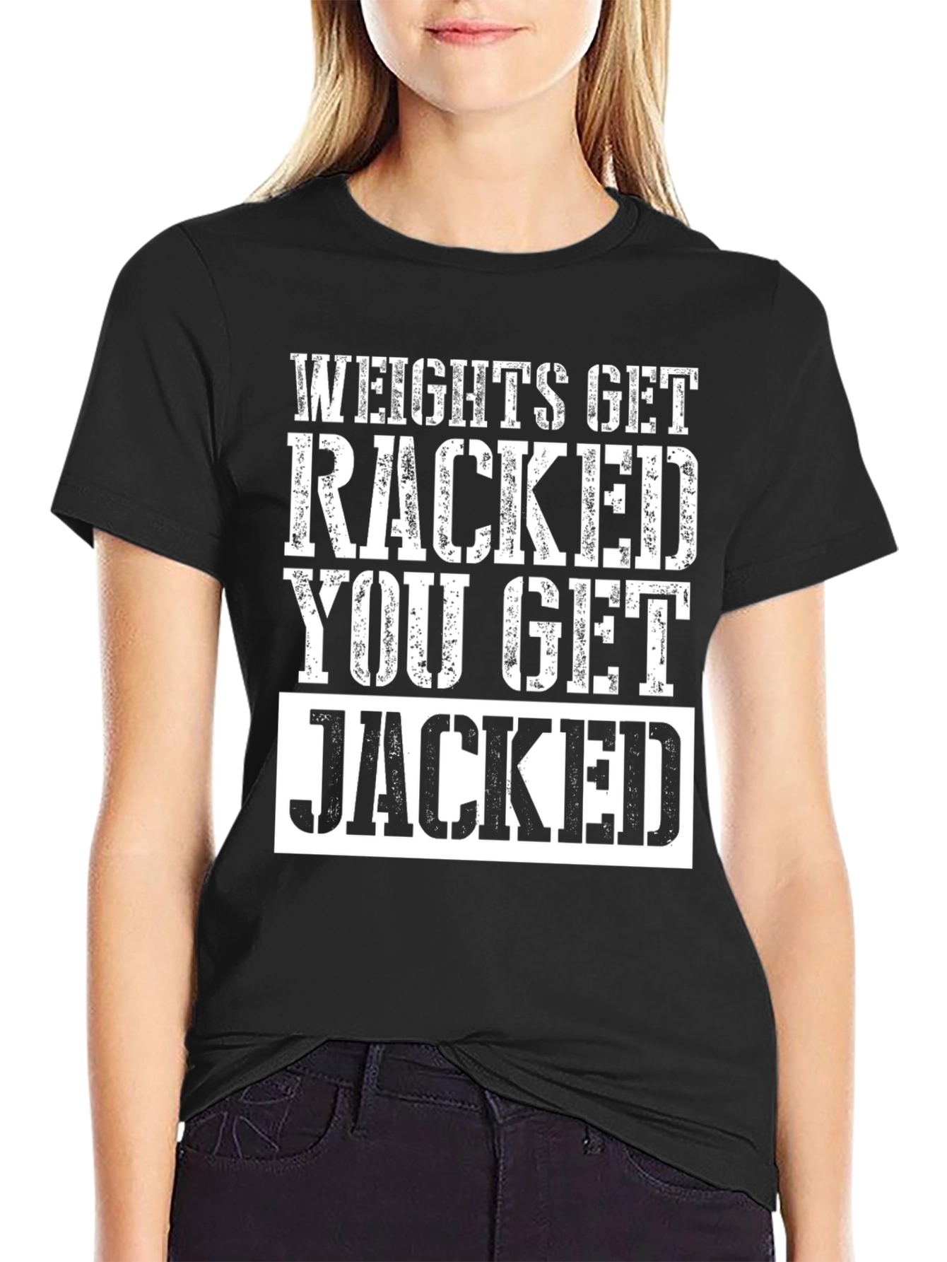 Weights Get Racked T-Shirt - Jacked Gym Apparel