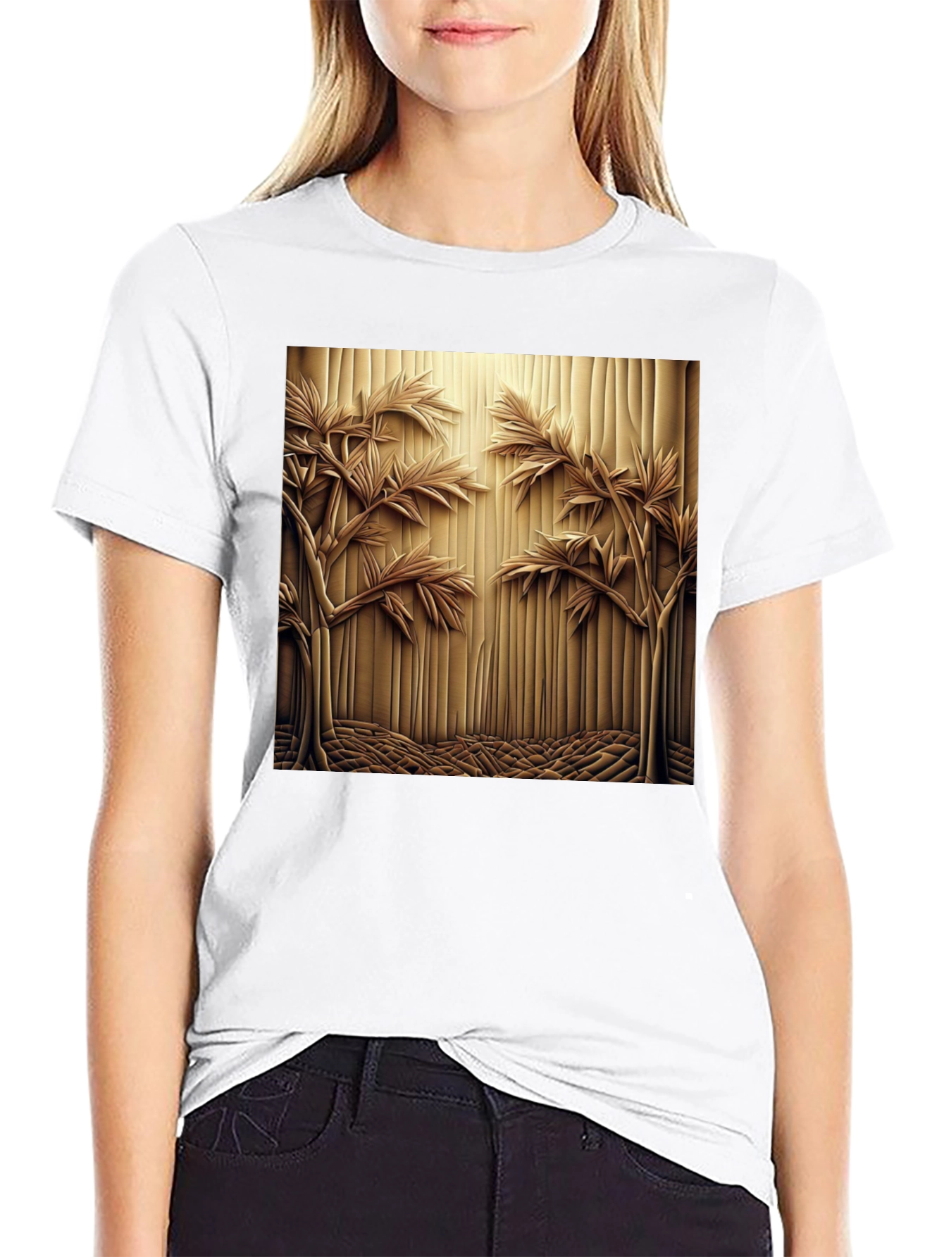 Abstract Carved Wood Tree Graphic Black T-Shirt