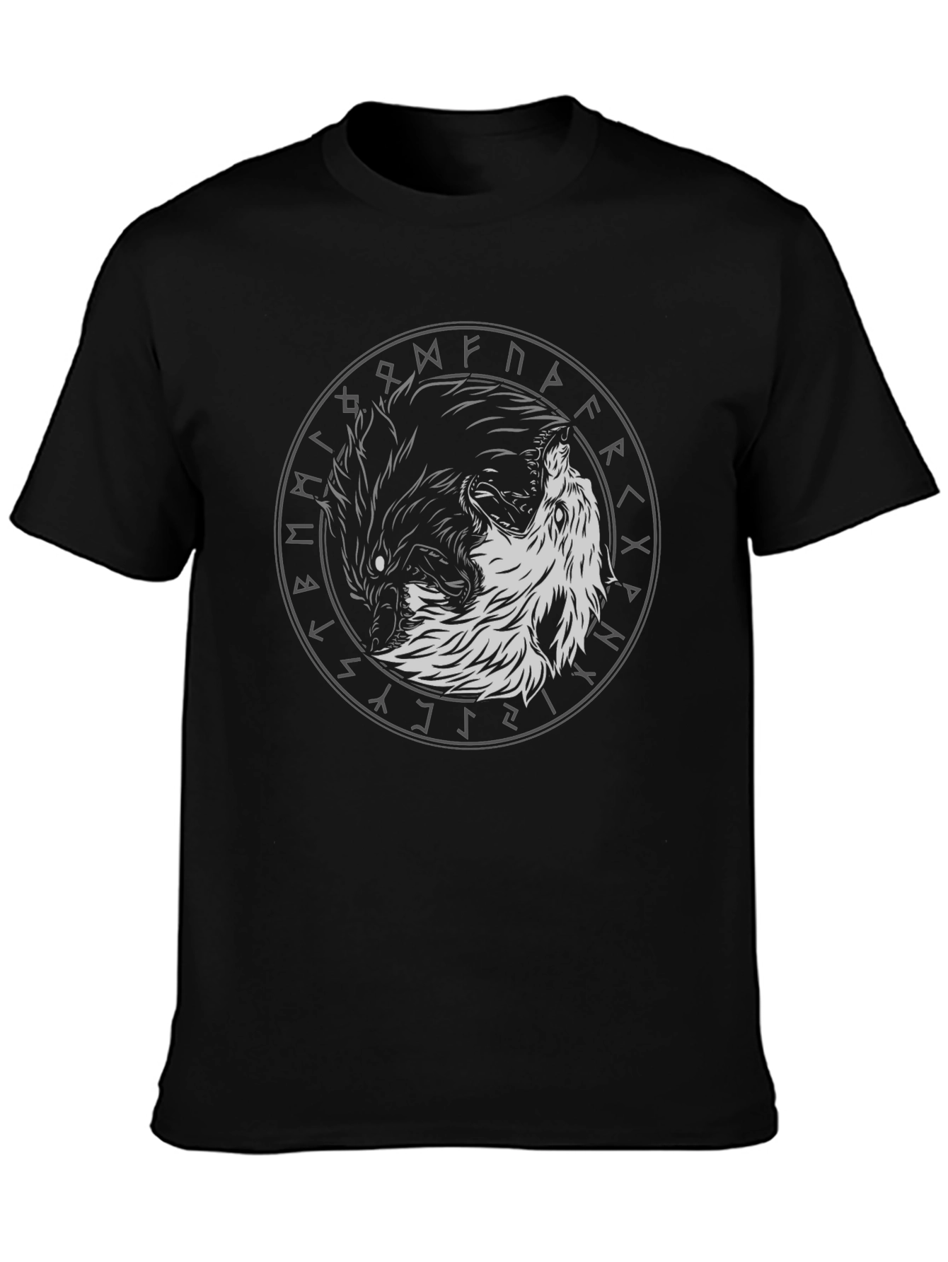 Yin Yang Wolf Graphic Tee - Viking Rune Circle