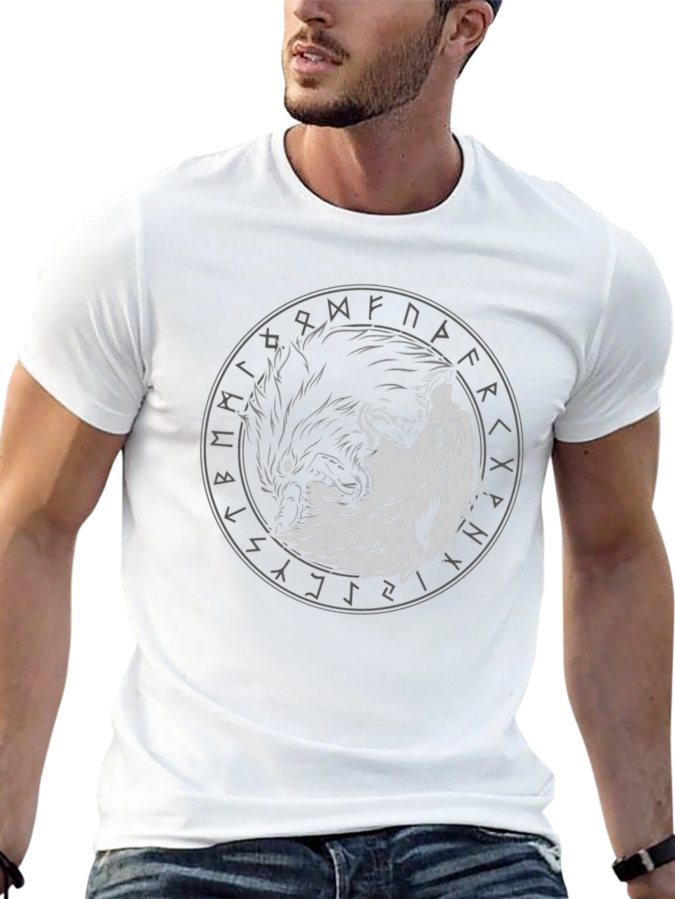 Yin Yang Wolf Graphic Tee - Viking Rune Circle