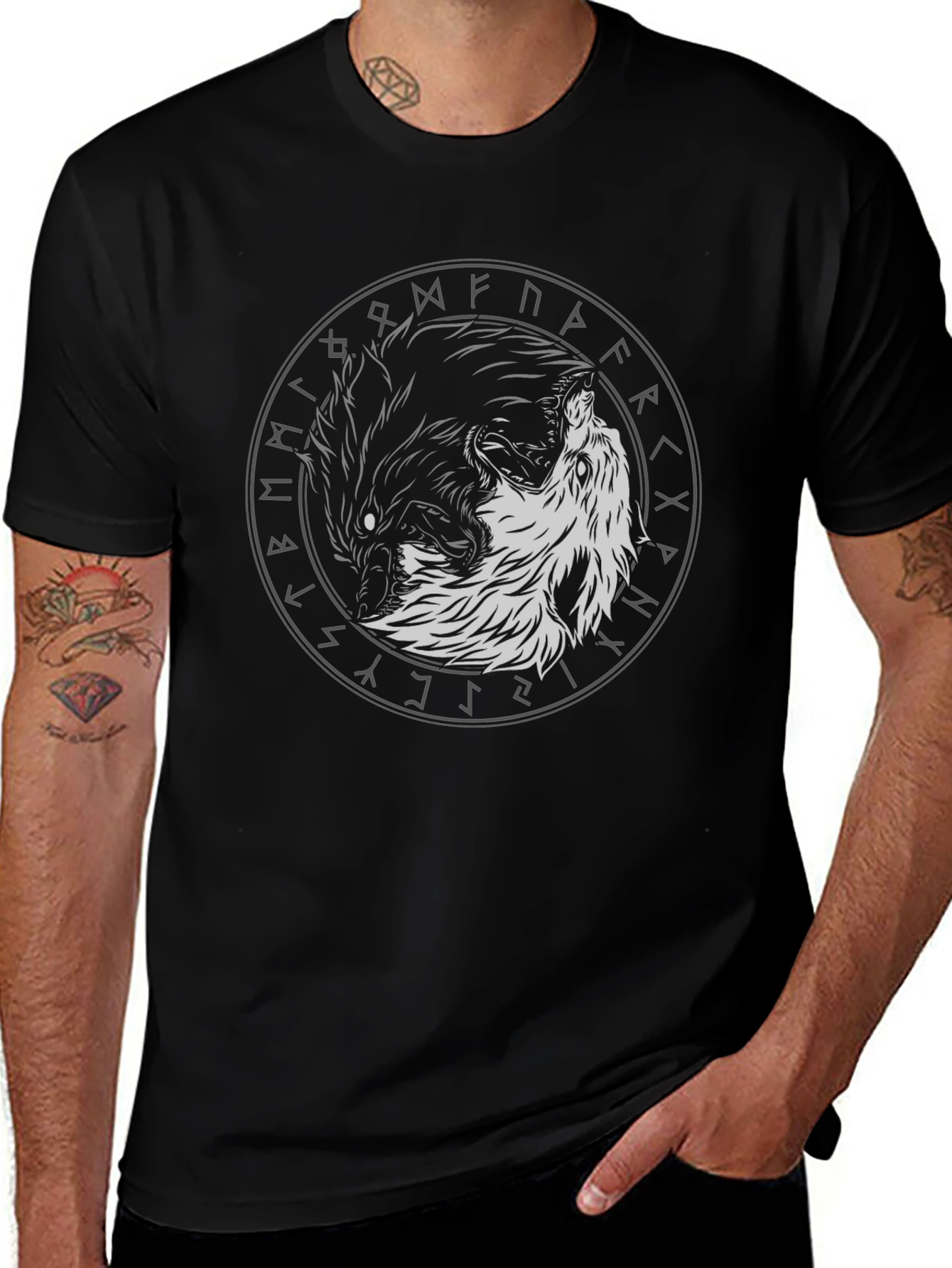 Yin Yang Wolf Graphic Tee - Viking Rune Circle