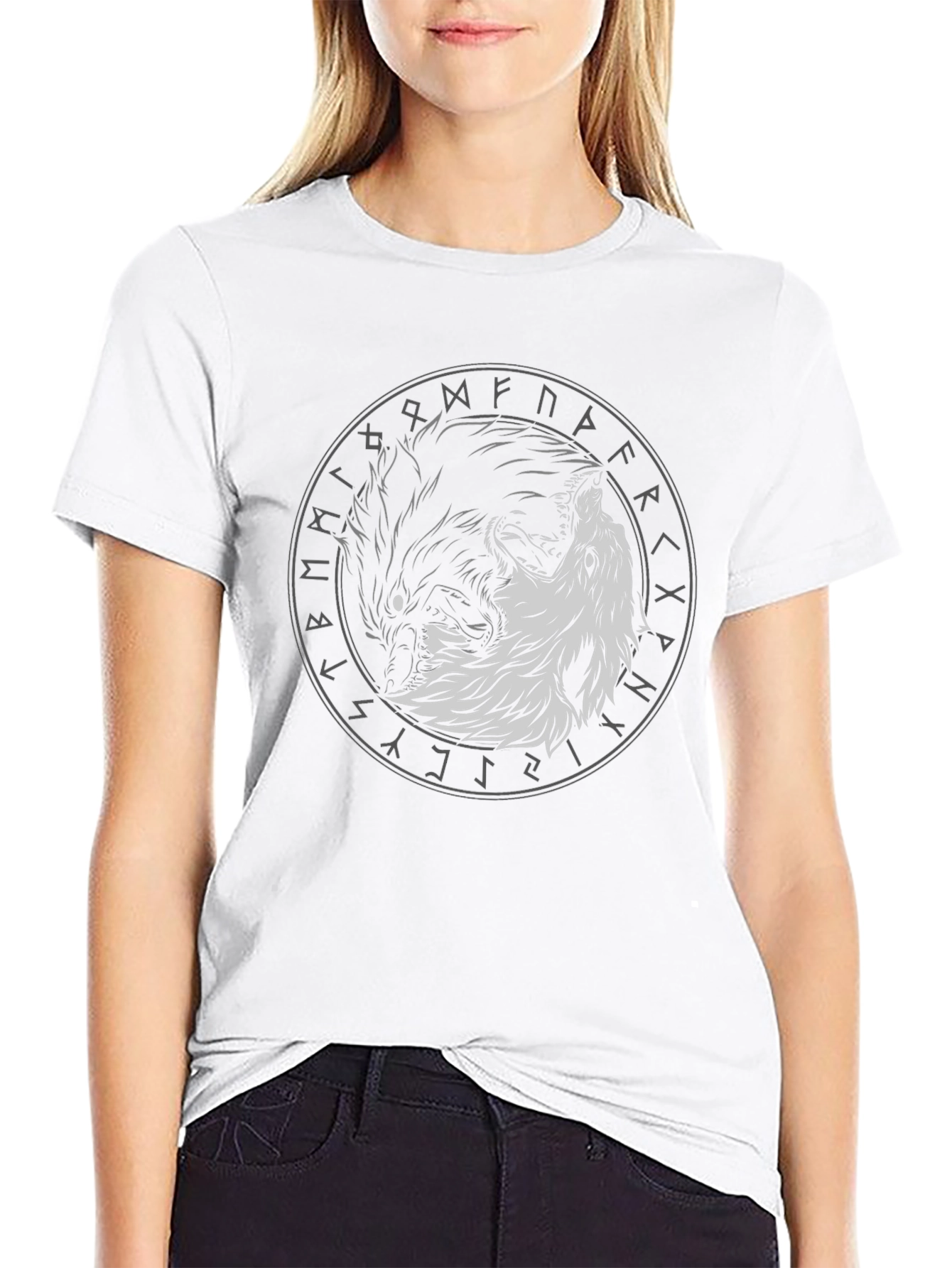 Yin Yang Wolf Graphic Tee - Viking Rune Circle