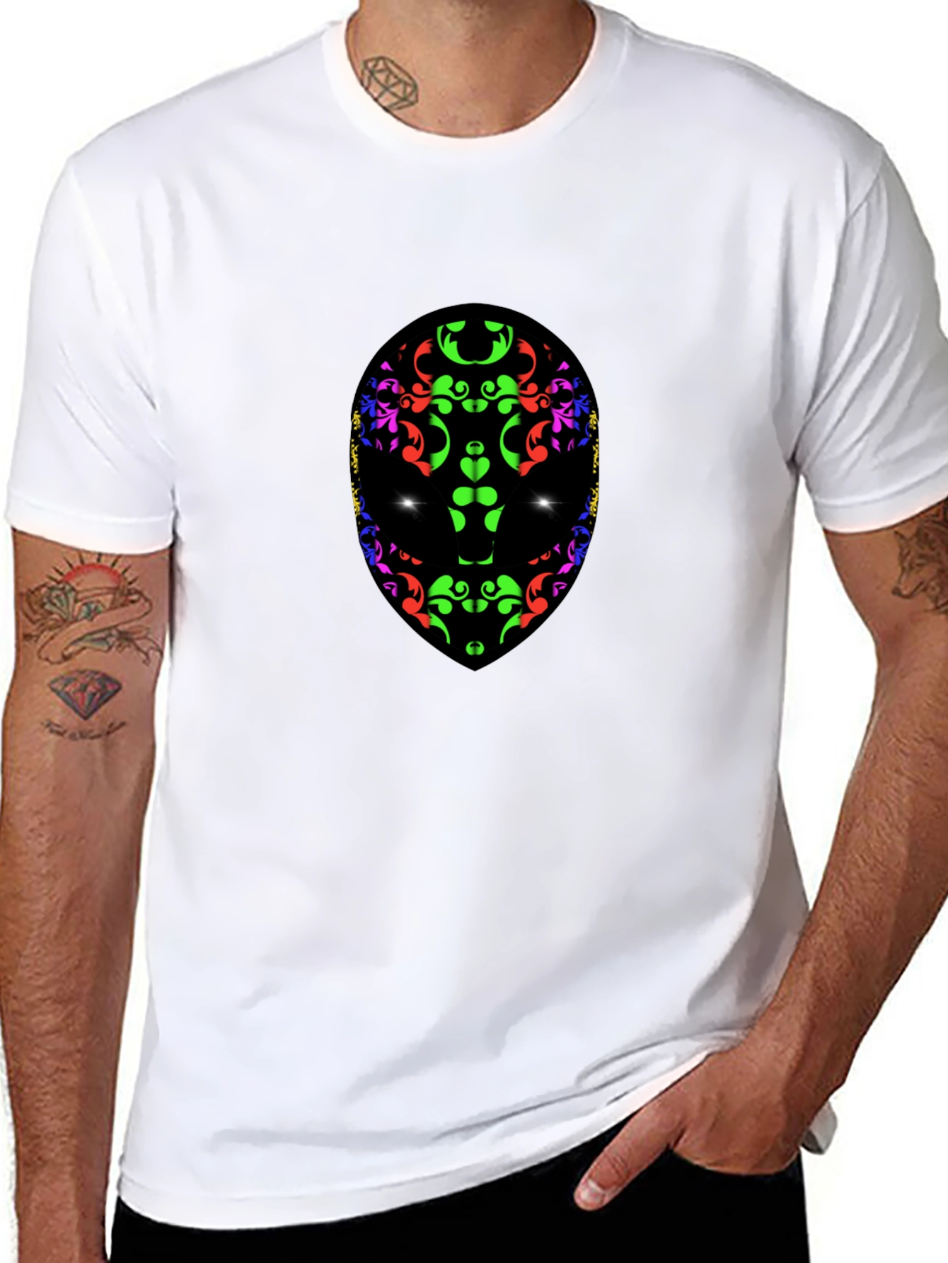 Abstract Alien Face Graphic Print Black T-Shirt
