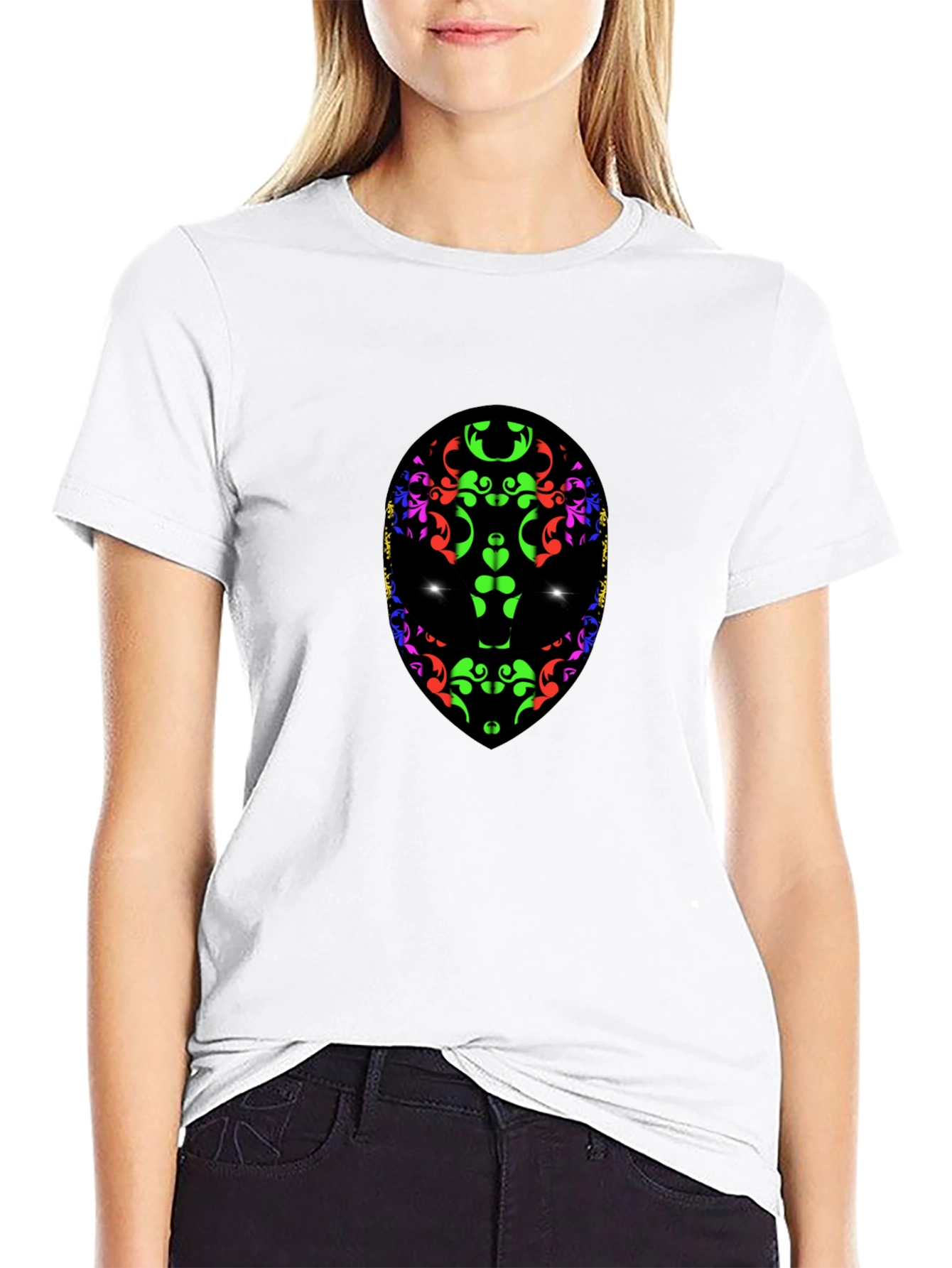 Abstract Alien Face Graphic Print Black T-Shirt