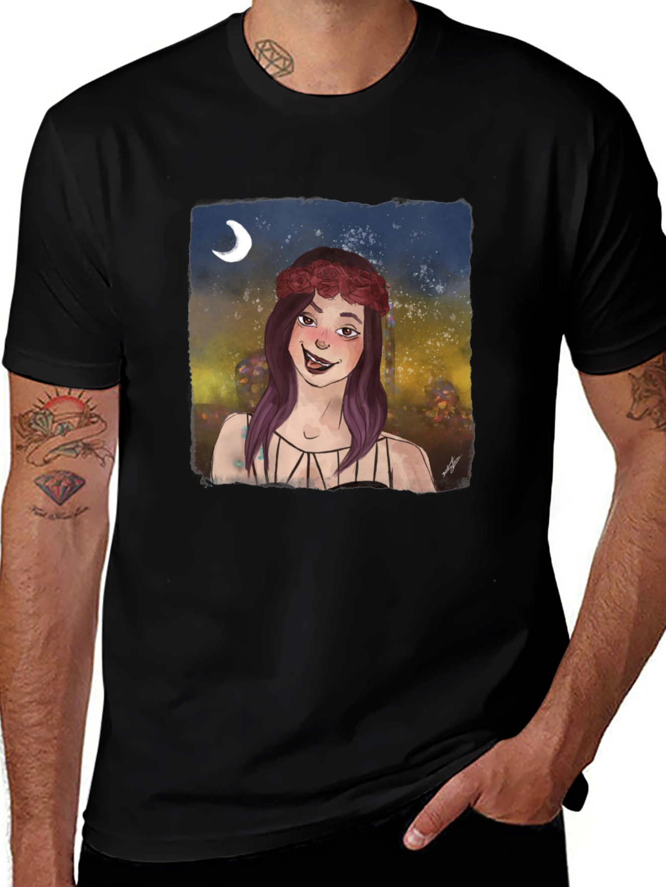 Whimsical Girl Graphic Tee - Black Cotton T-Shirt