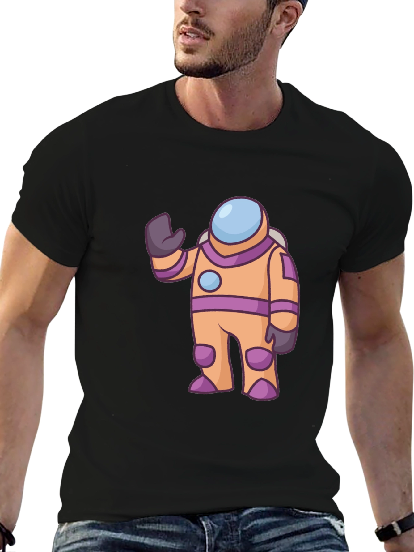 Astronaut Cartoon Graphic Tee - Black Cotton T-Shirt