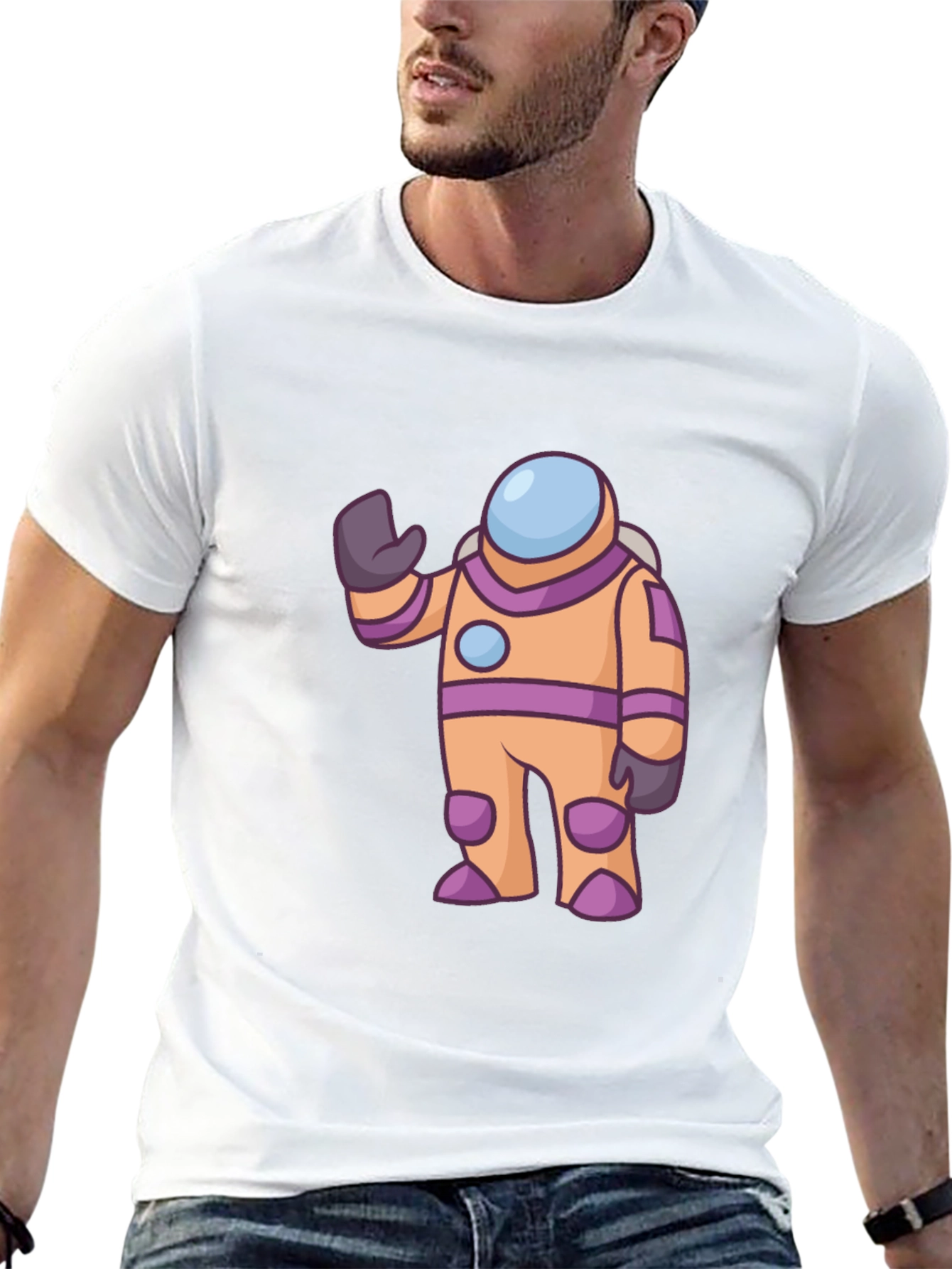 Astronaut Cartoon Graphic Tee - Black Cotton T-Shirt