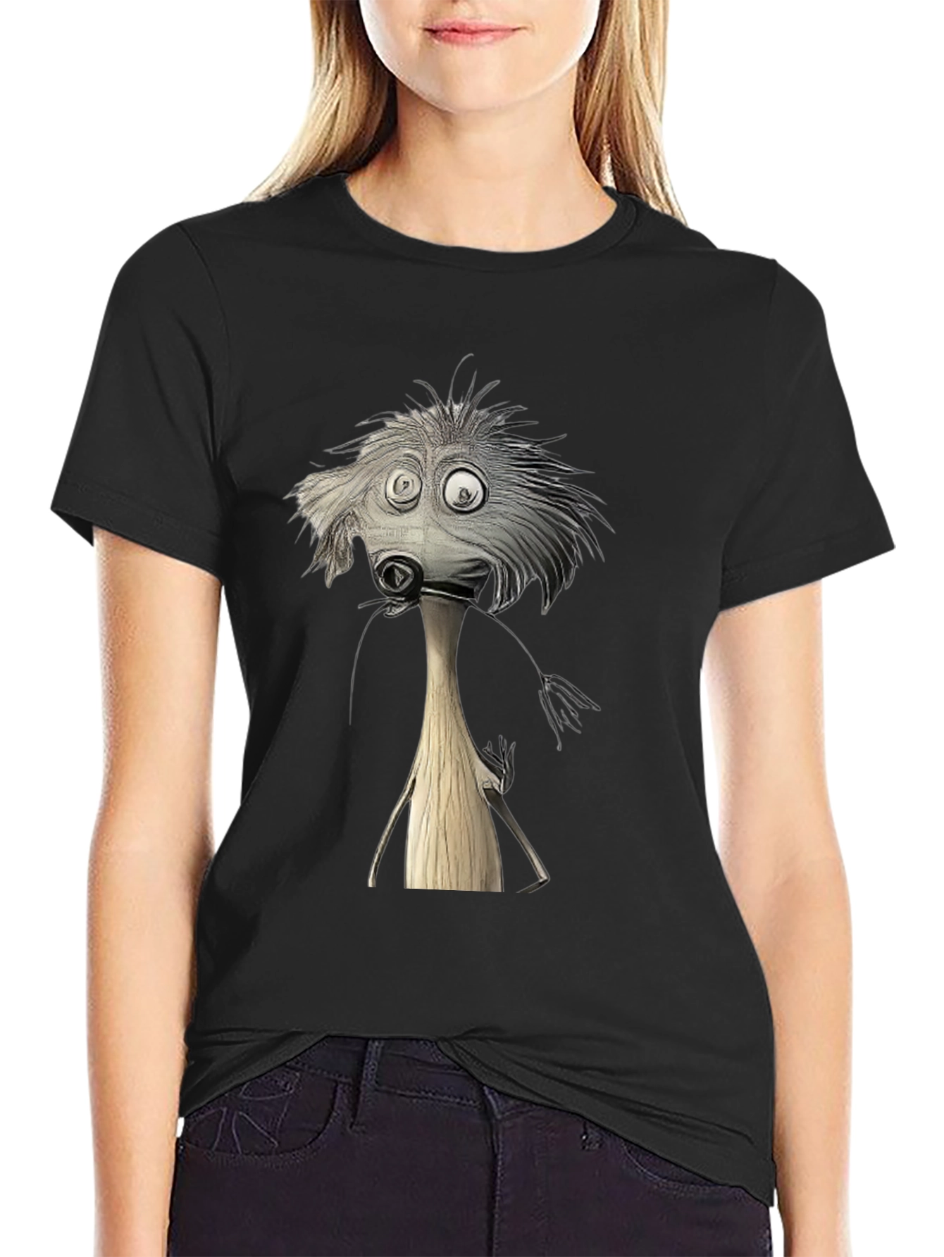 Whimsical Cartoon Character Black T-Shirt
