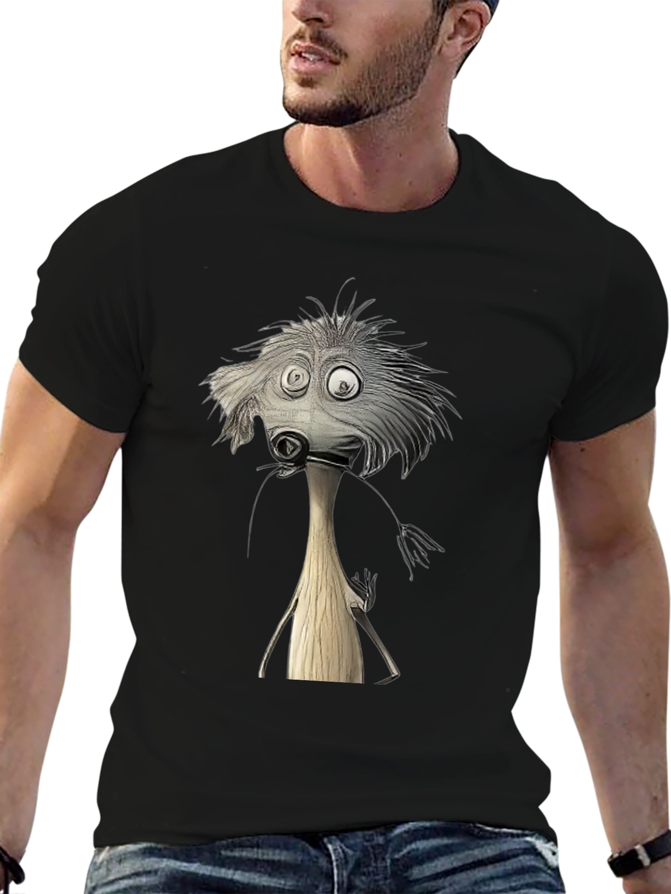 Whimsical Cartoon Character Black T-Shirt