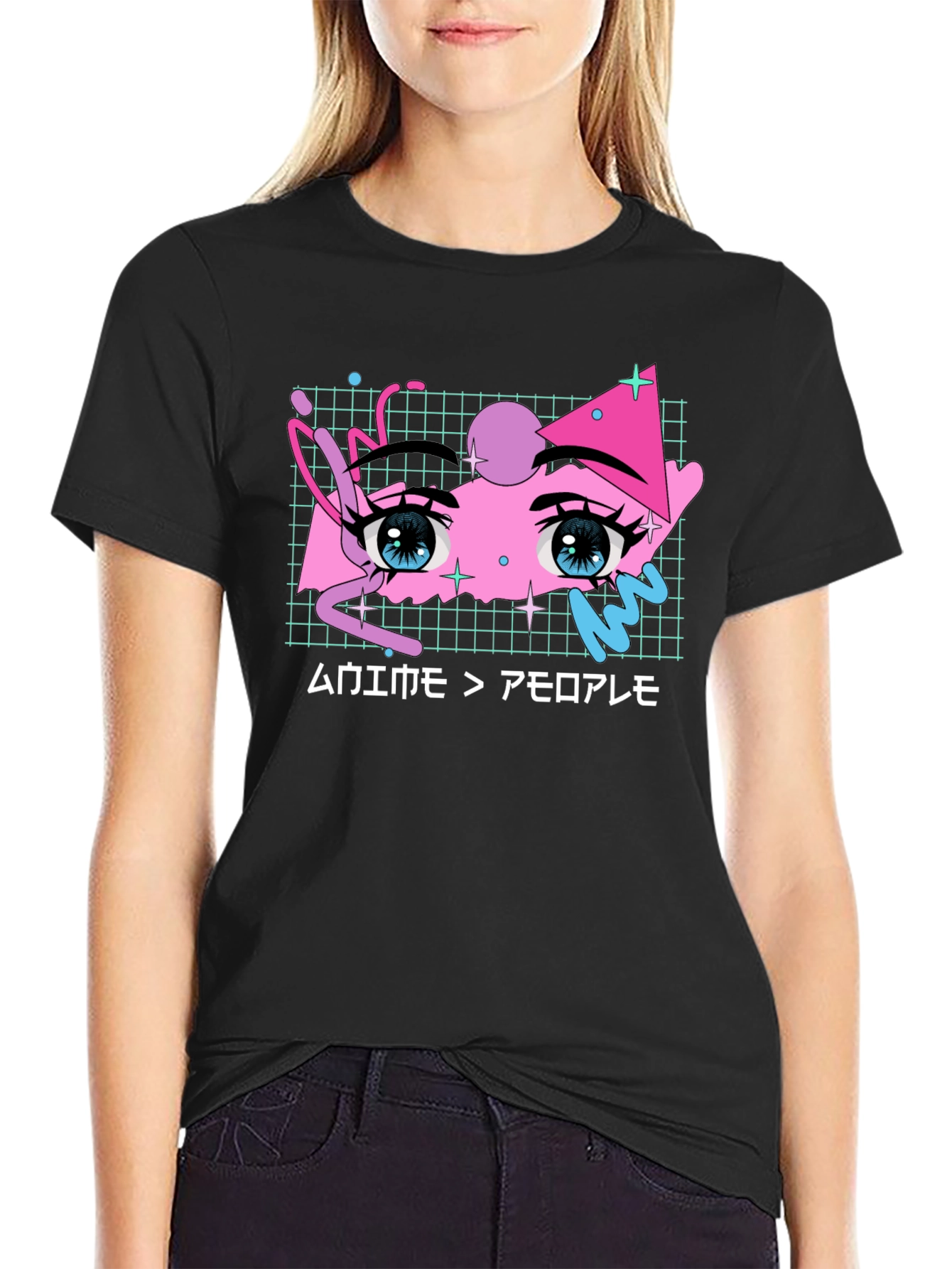 Anime Eyes Graphic Tee - Black Cotton T-Shirt