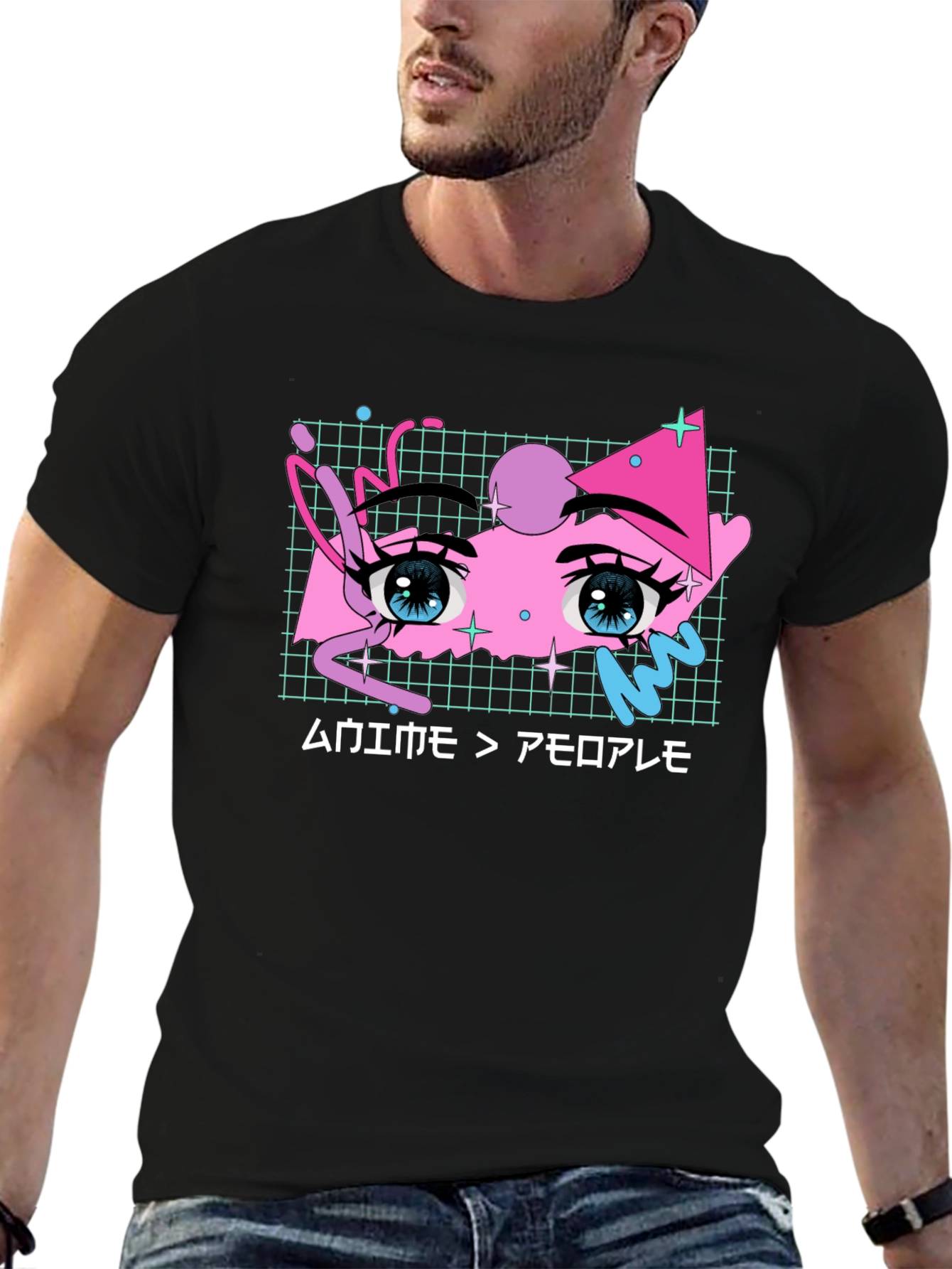 Anime Eyes Graphic Tee - Black Cotton T-Shirt