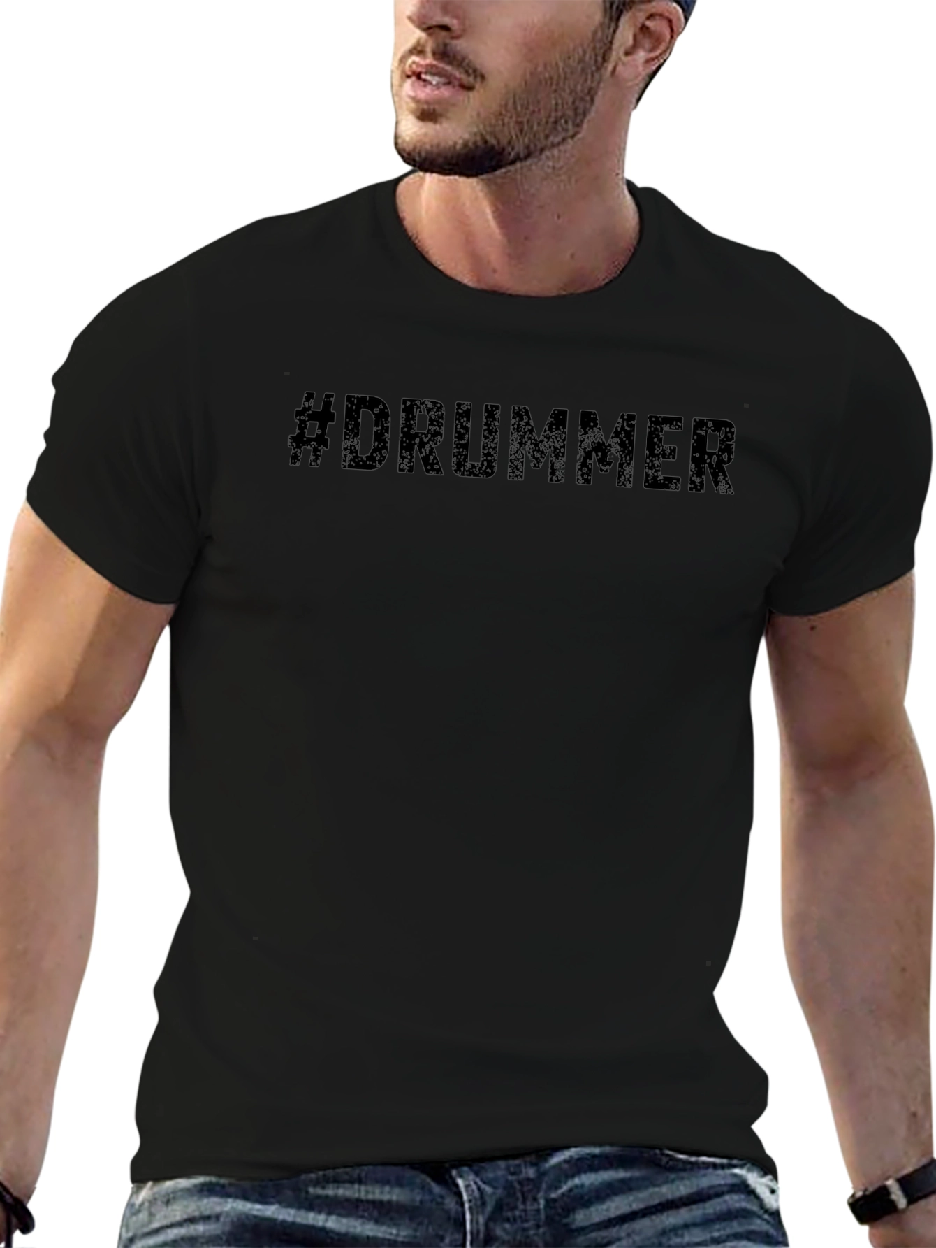 #Drummer Black Cotton Graphic Tee