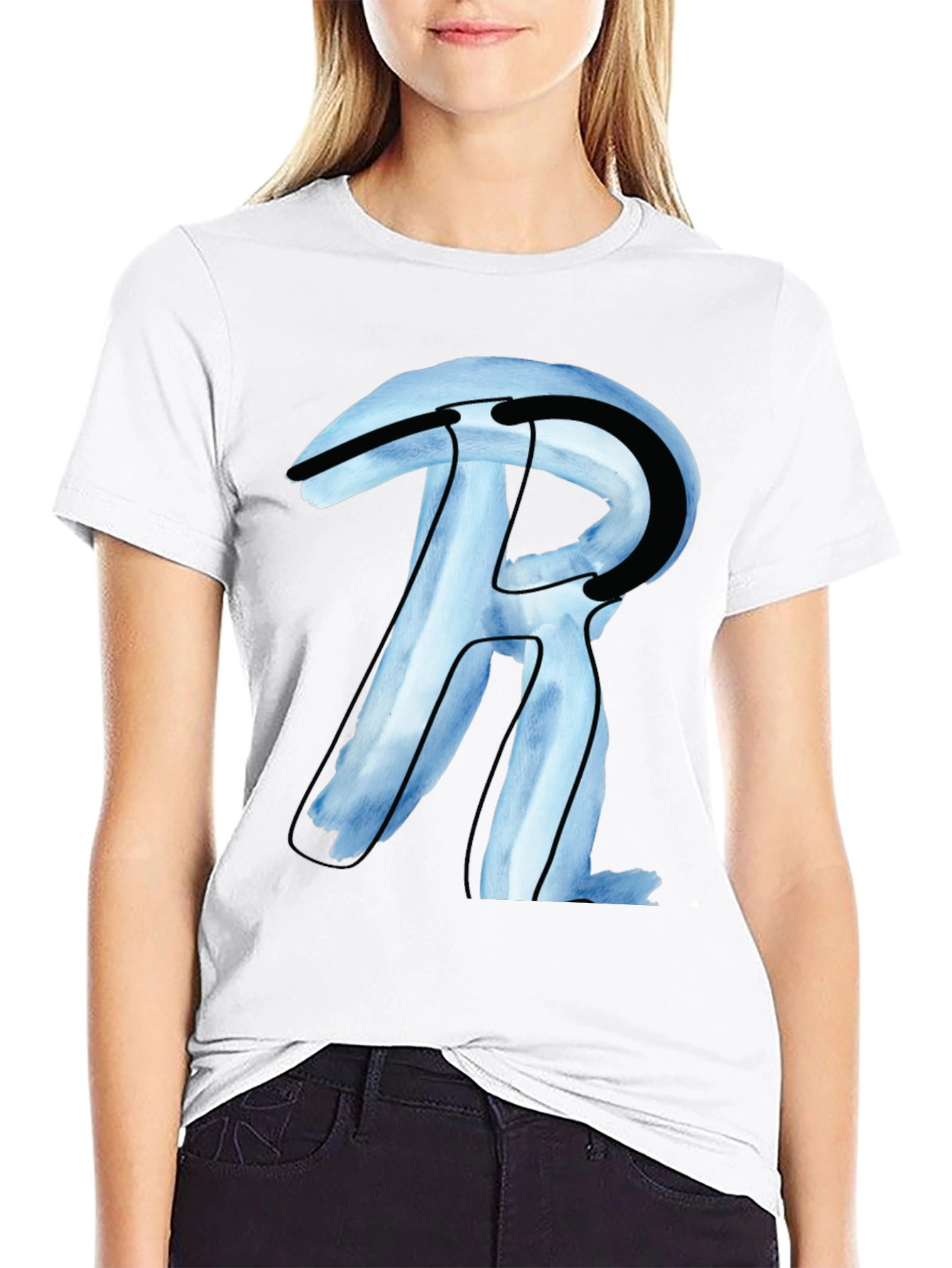 Abstract R Letter Graphic Black T-Shirt