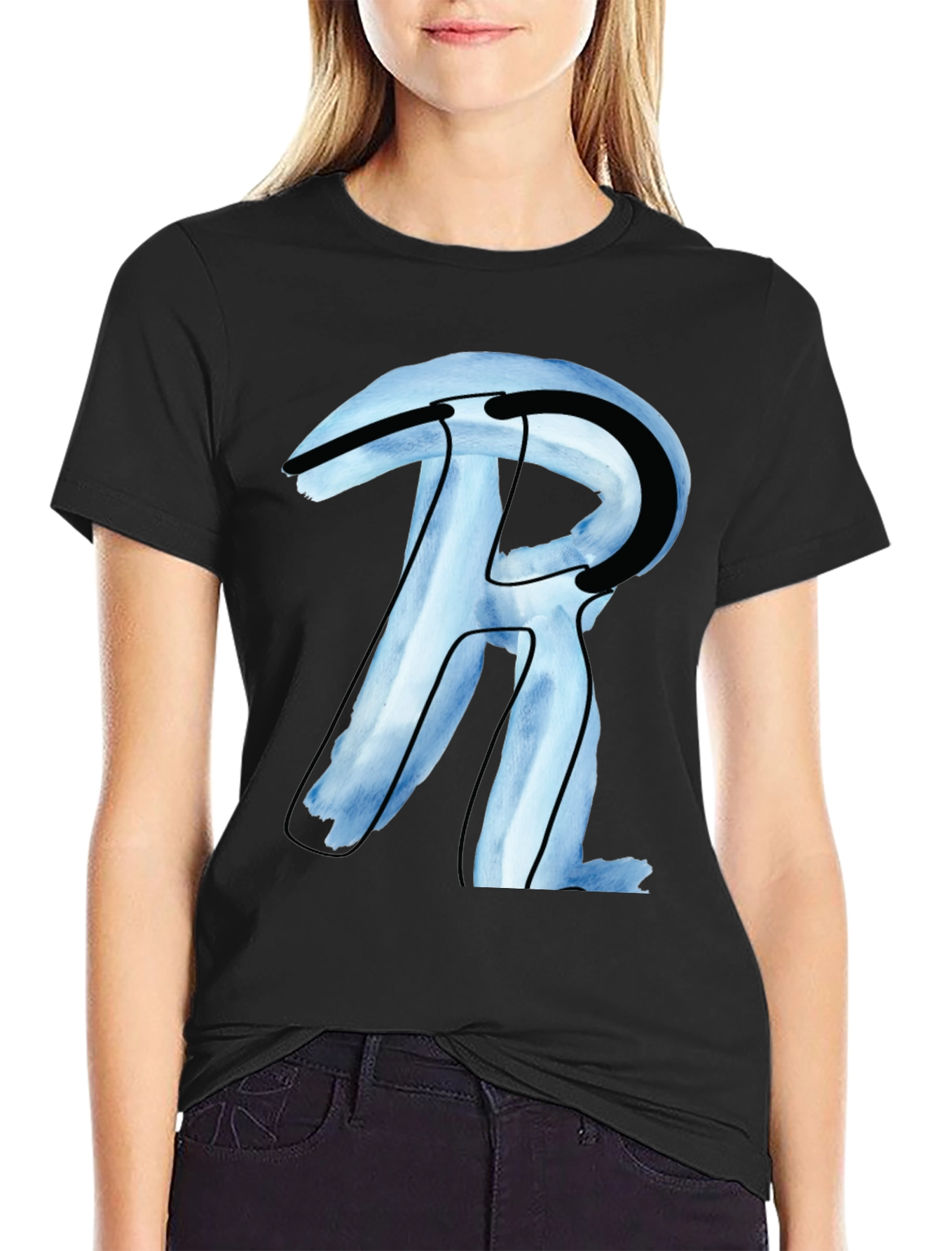Abstract R Letter Graphic Black T-Shirt
