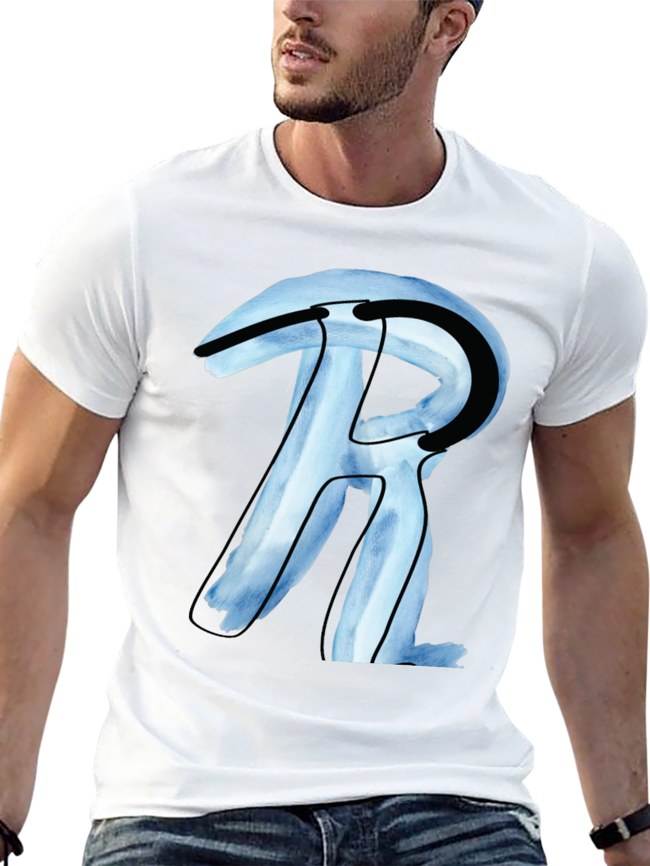Abstract R Letter Graphic Black T-Shirt