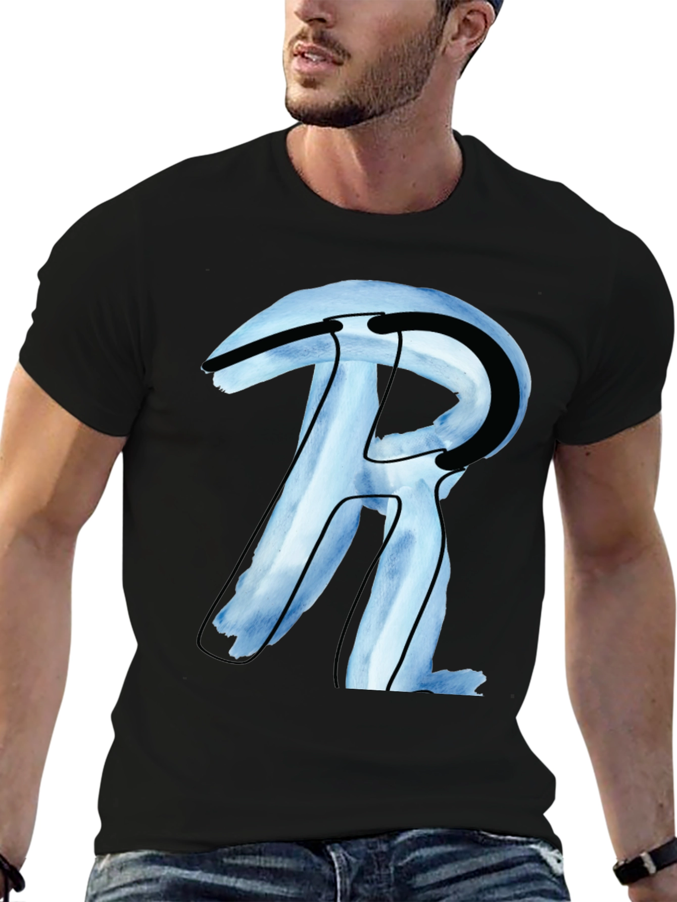 Abstract R Letter Graphic Black T-Shirt