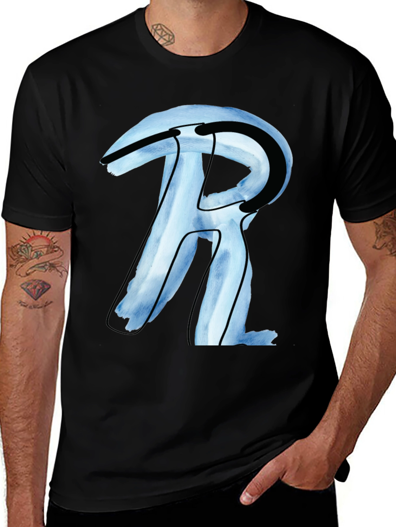 Abstract R Letter Graphic Black T-Shirt