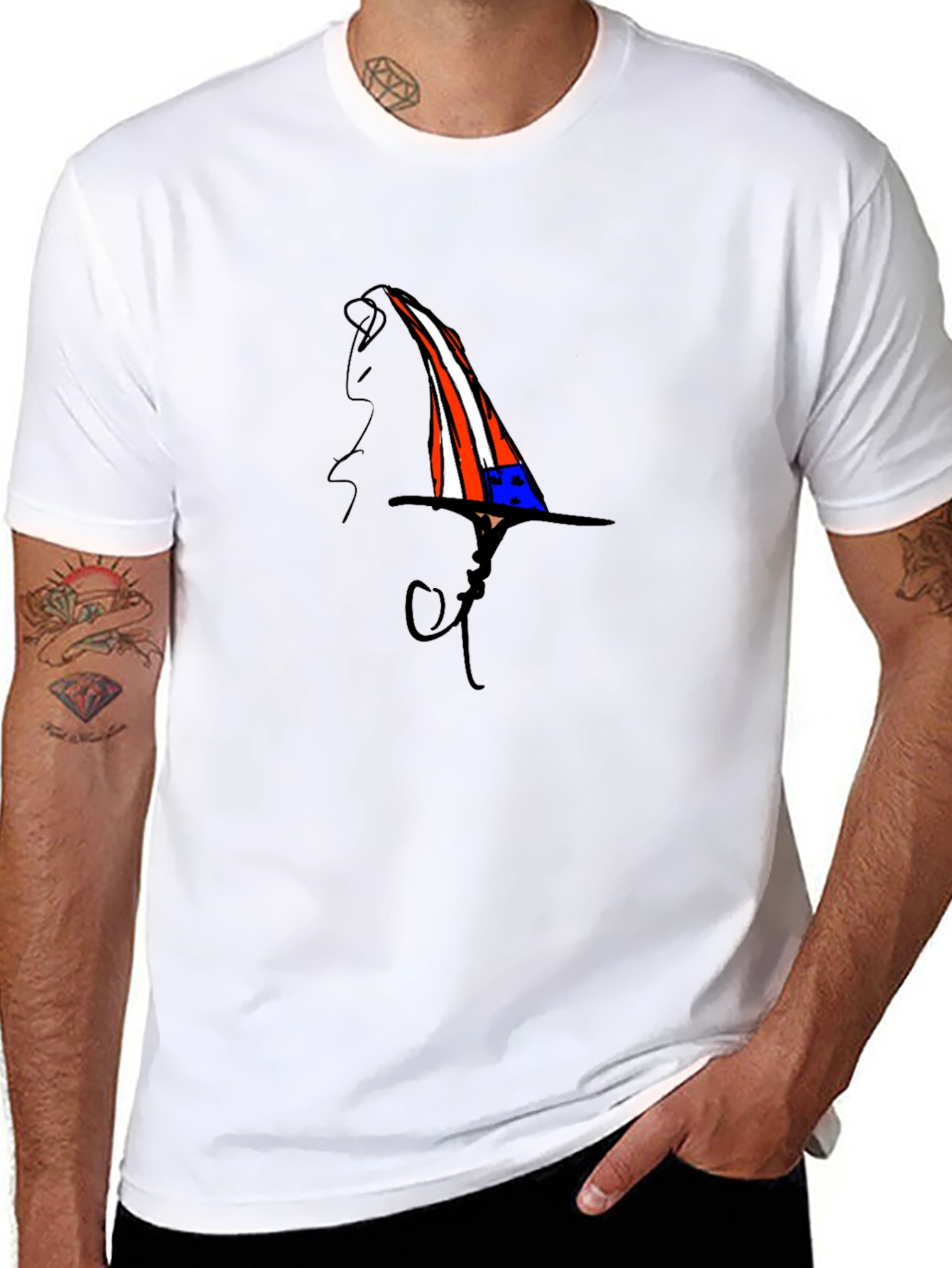 Whimsical Patriotic Hat Graphic Black T-Shirt