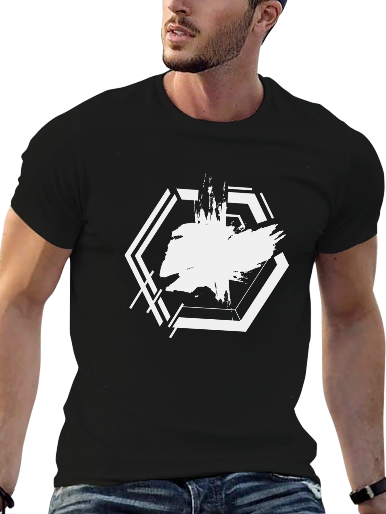Abstract Hexagon Graphic Black T-Shirt