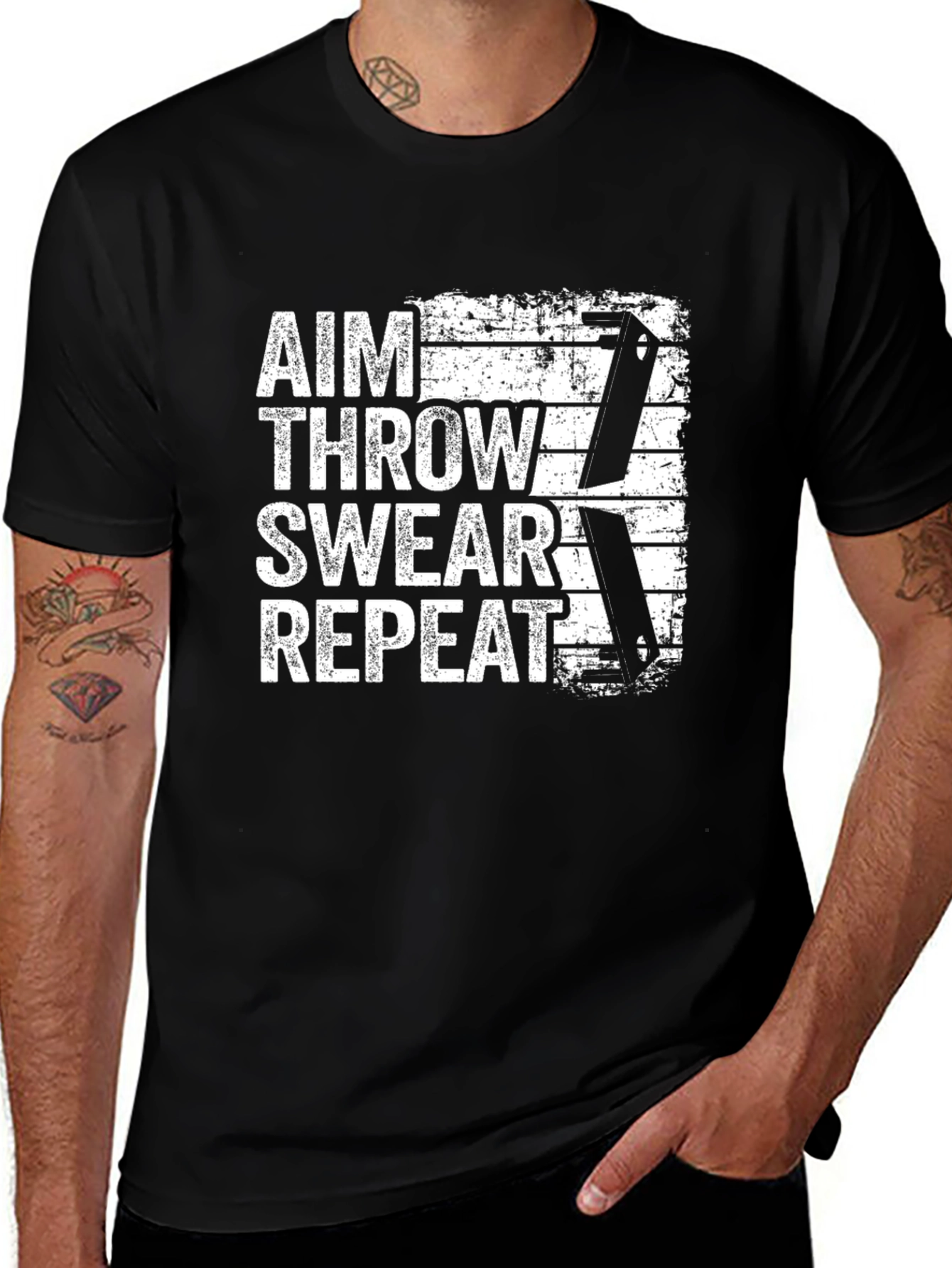 Aim Throw Swear Repeat T-Shirt - Knife Throwing Tee