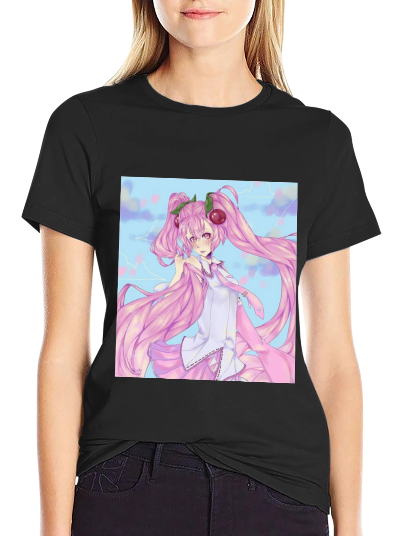 Anime Girl Graphic Tee - Black Cotton T-Shirt