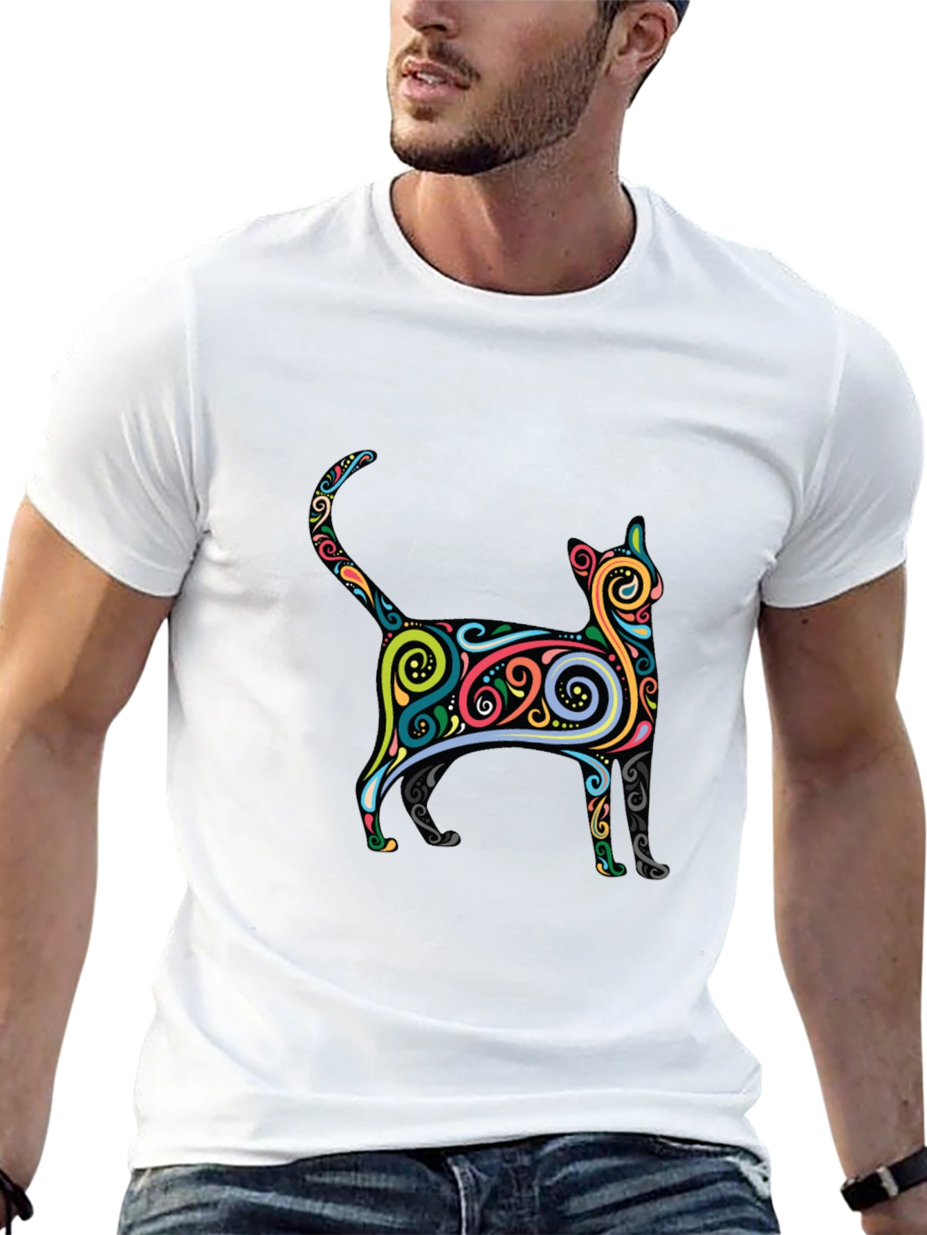 Whimsical Cat Graphic Tee - Black Cotton
