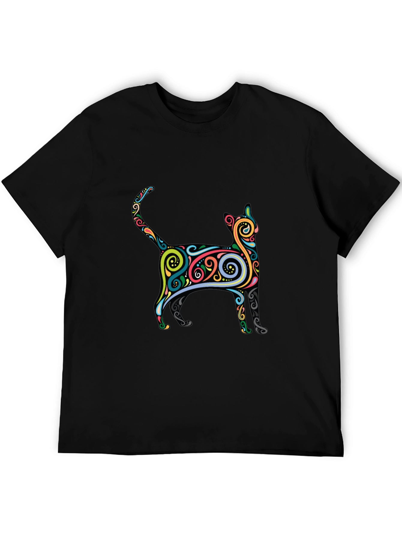 Whimsical Cat Graphic Tee - Black Cotton