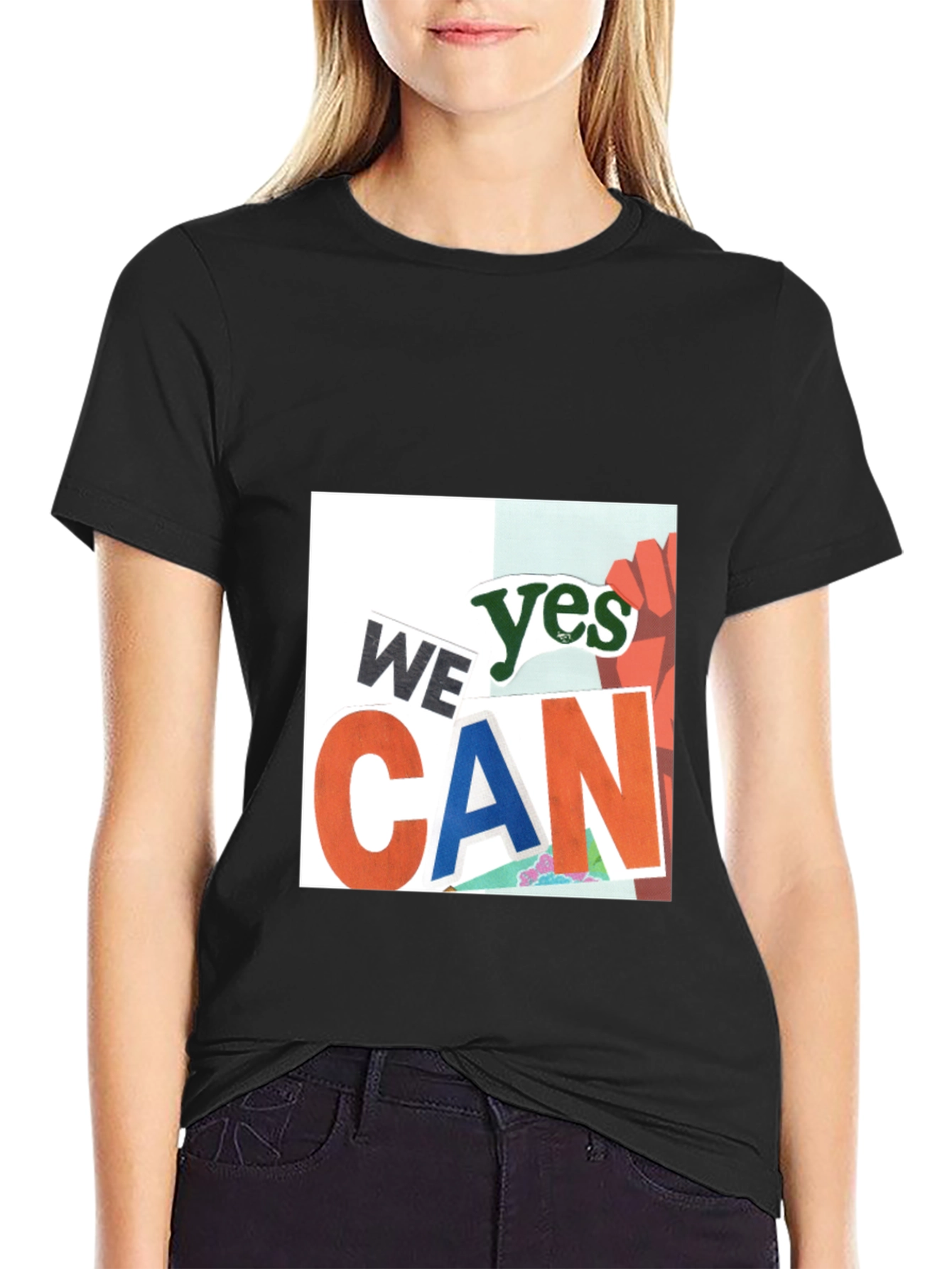 We Yes Can Graphic Print Black T-Shirt