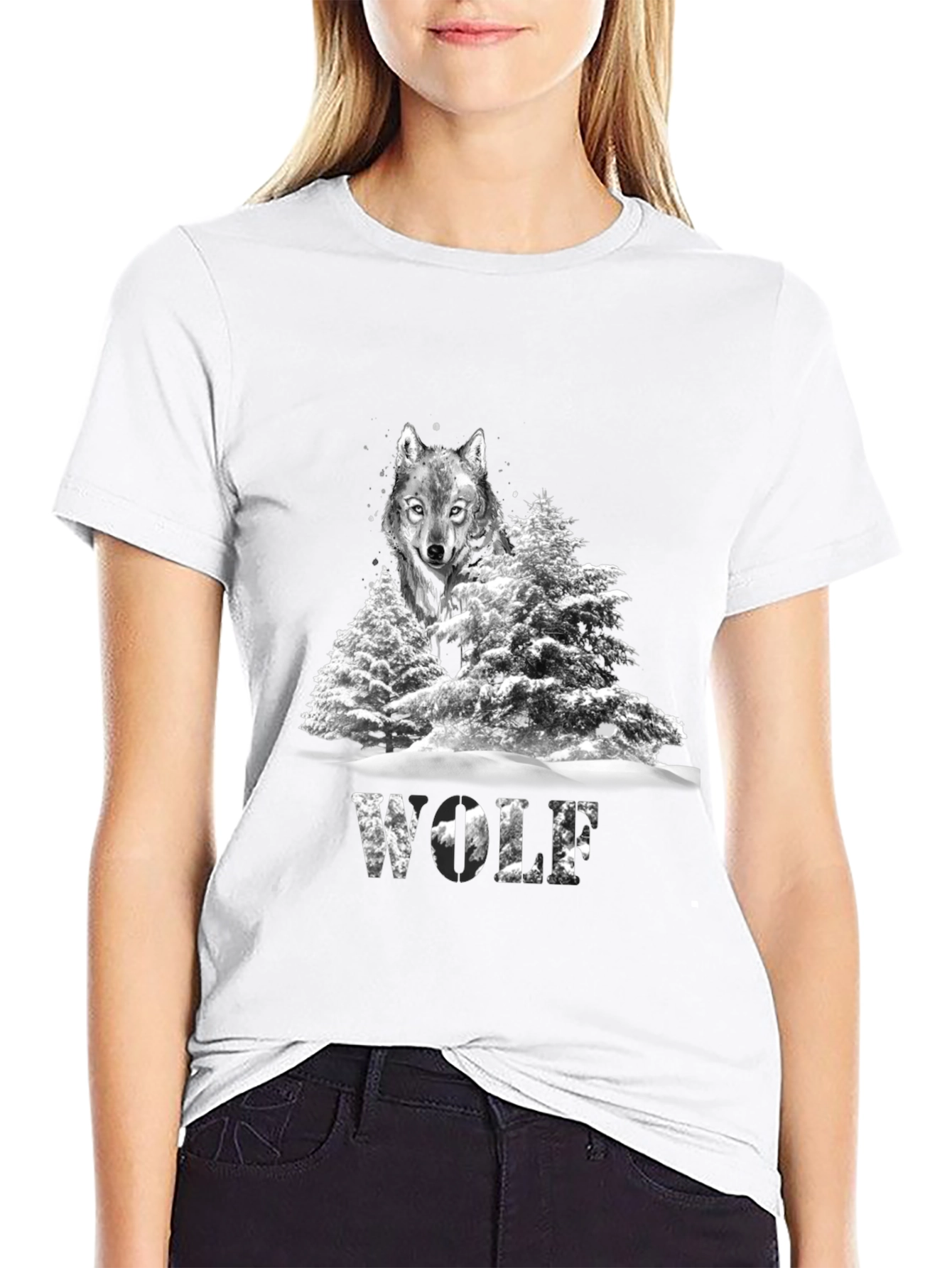 Wolf in Winter T-Shirt Graphic Print Black