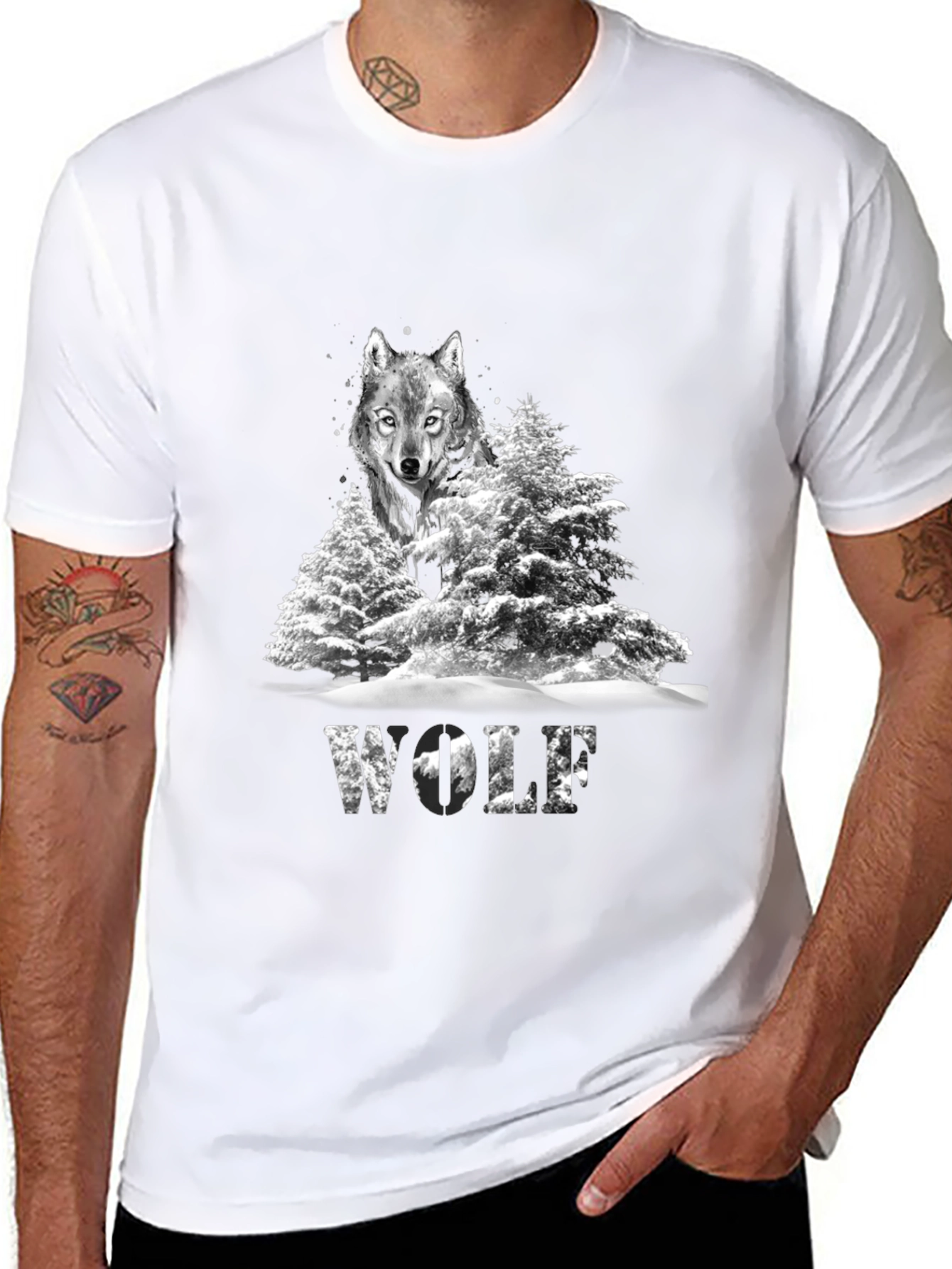 Wolf in Winter T-Shirt Graphic Print Black