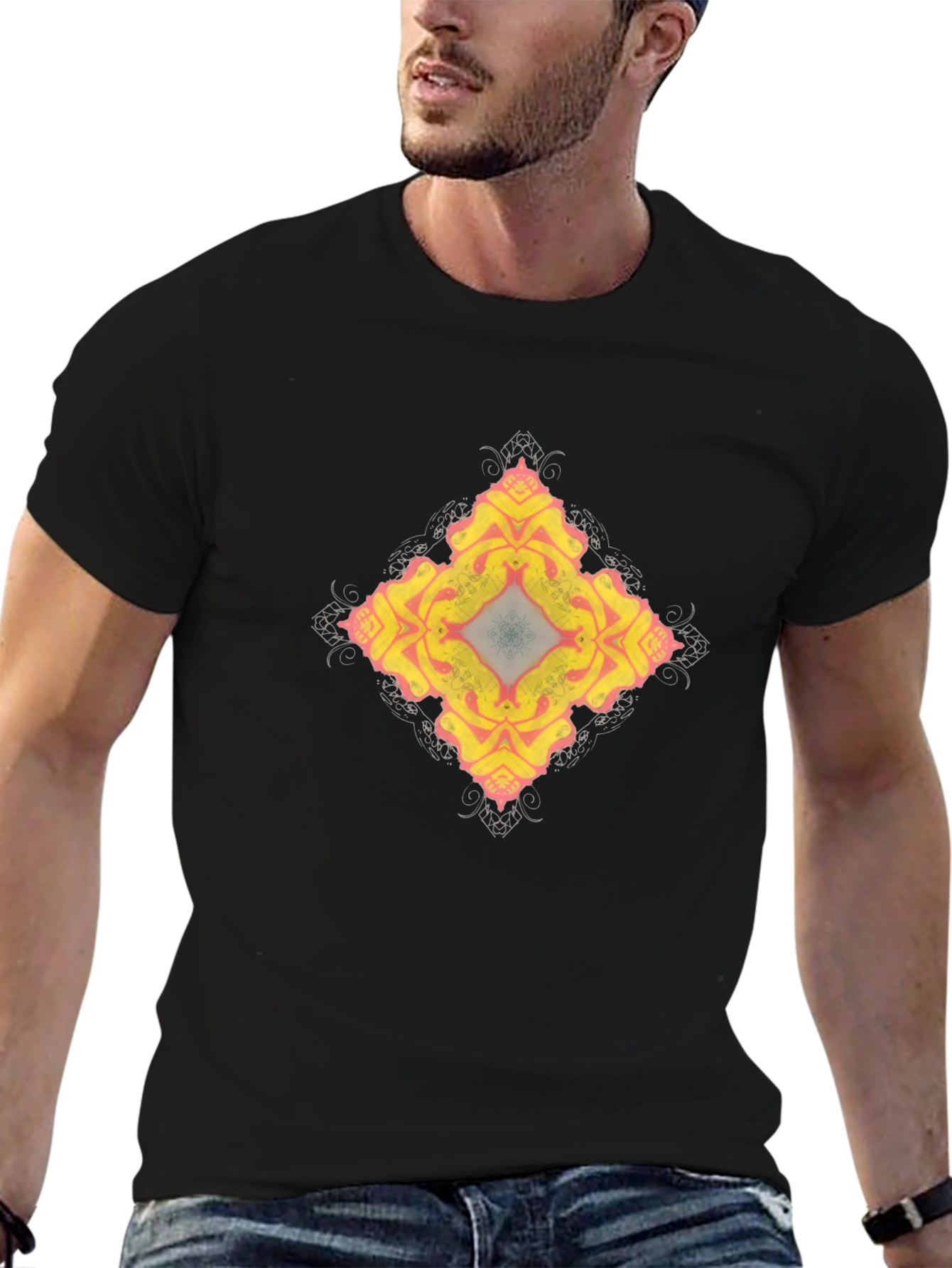 Abstract Floral Pattern Black T-Shirt