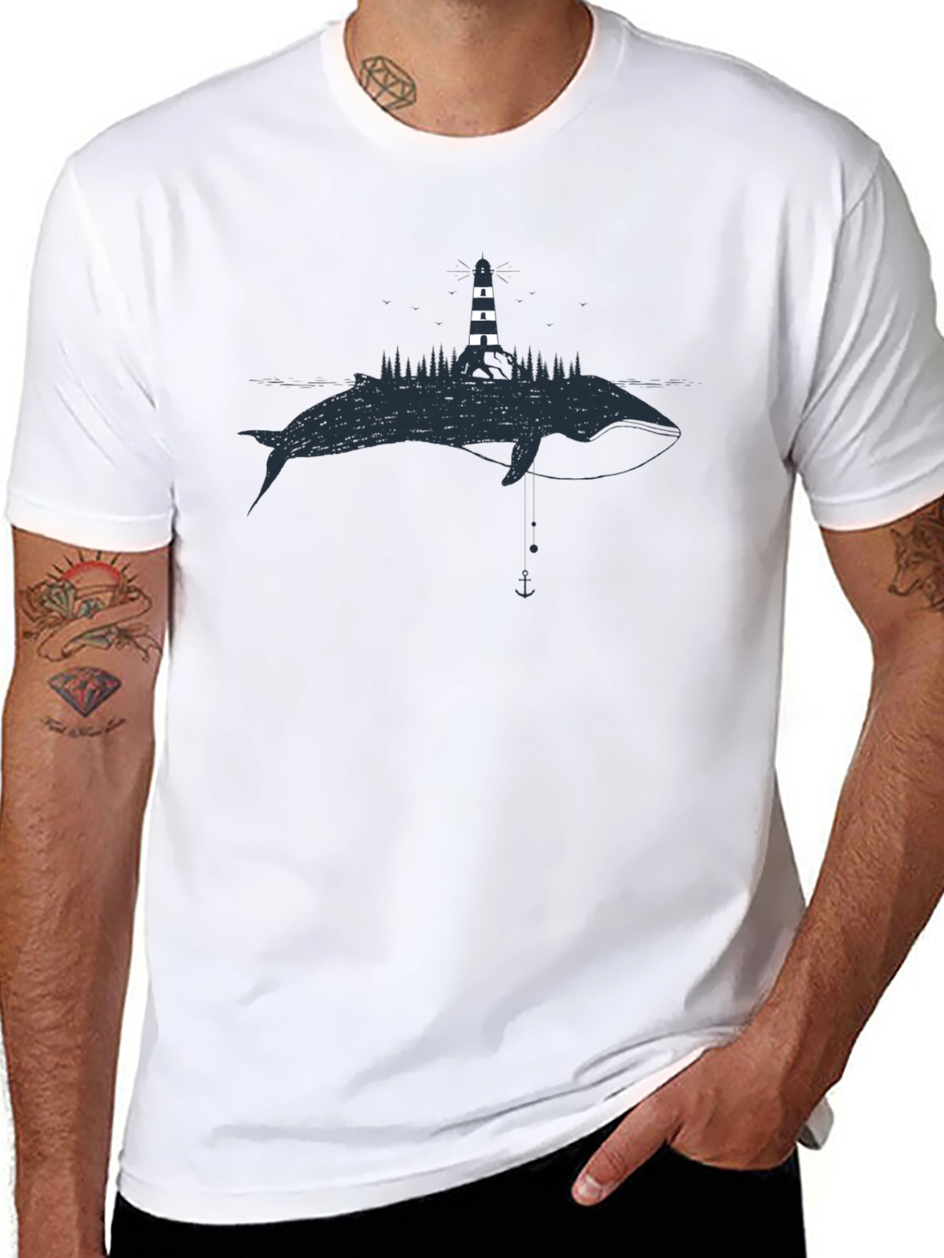 Whale & Lighthouse Graphic Tee - Black Cotton T-Shirt