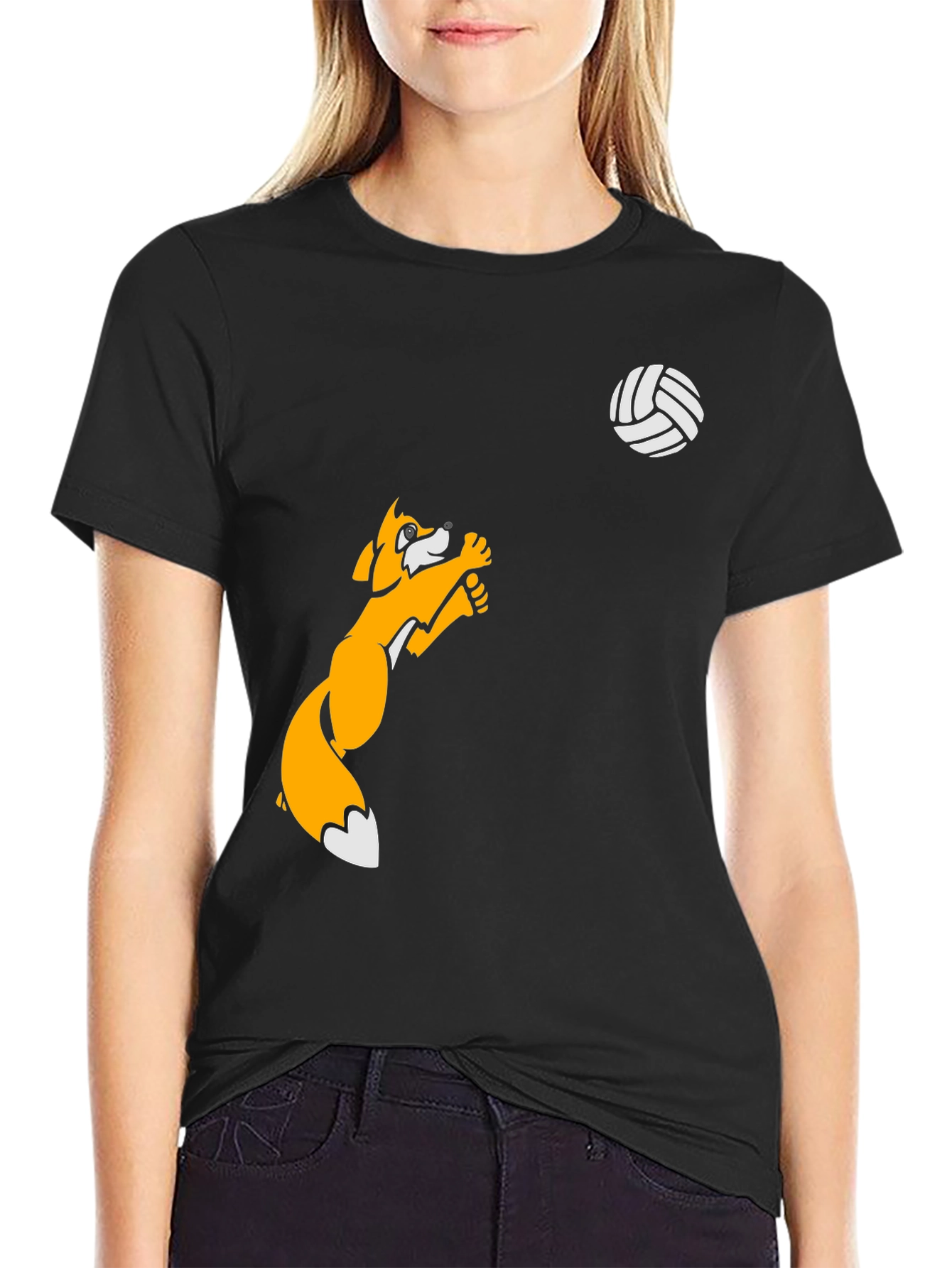 Volleyball Fox Graphic Tee - Black Cotton T-Shirt