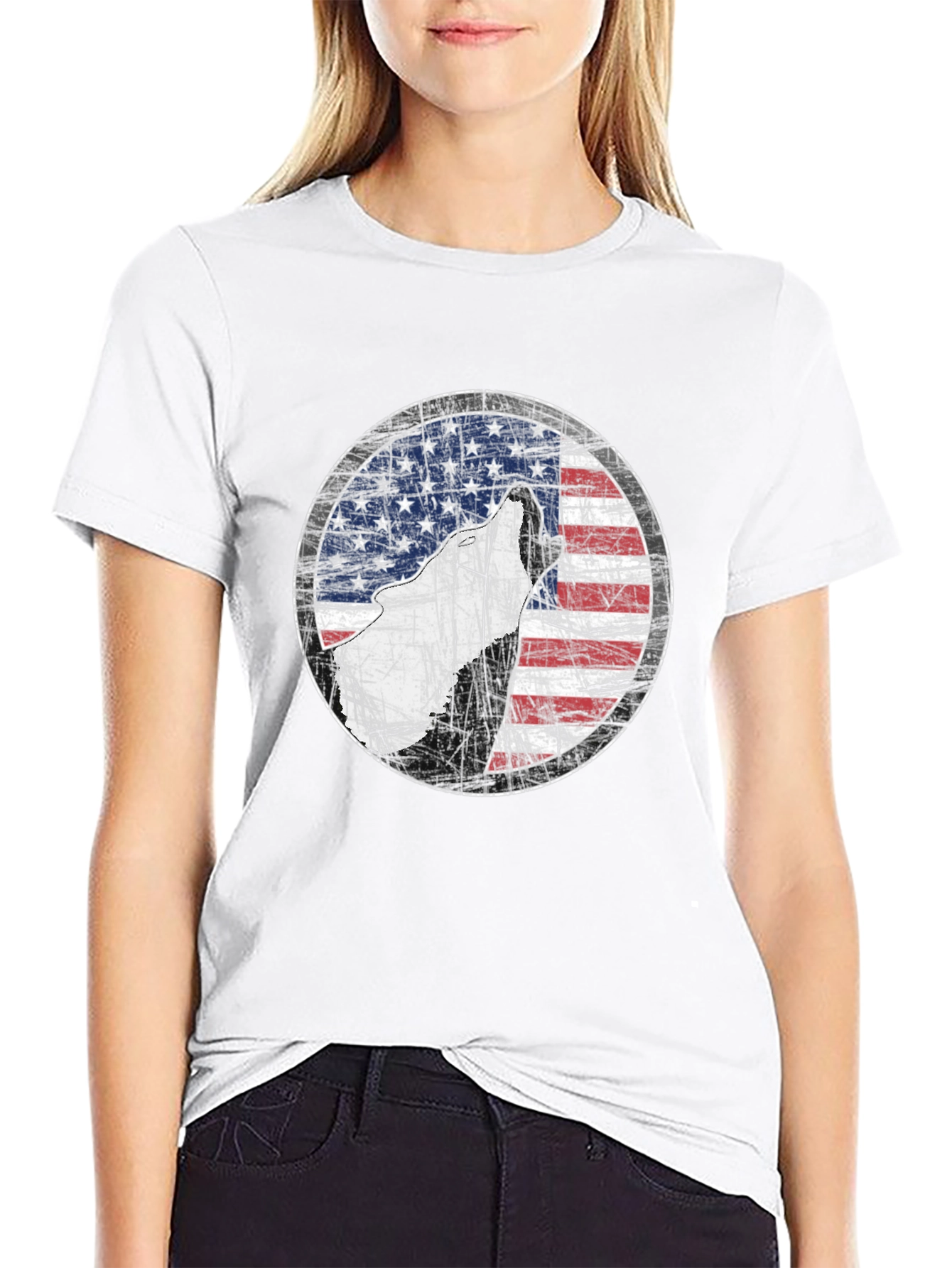 American Flag Wolf Graphic Print Tee