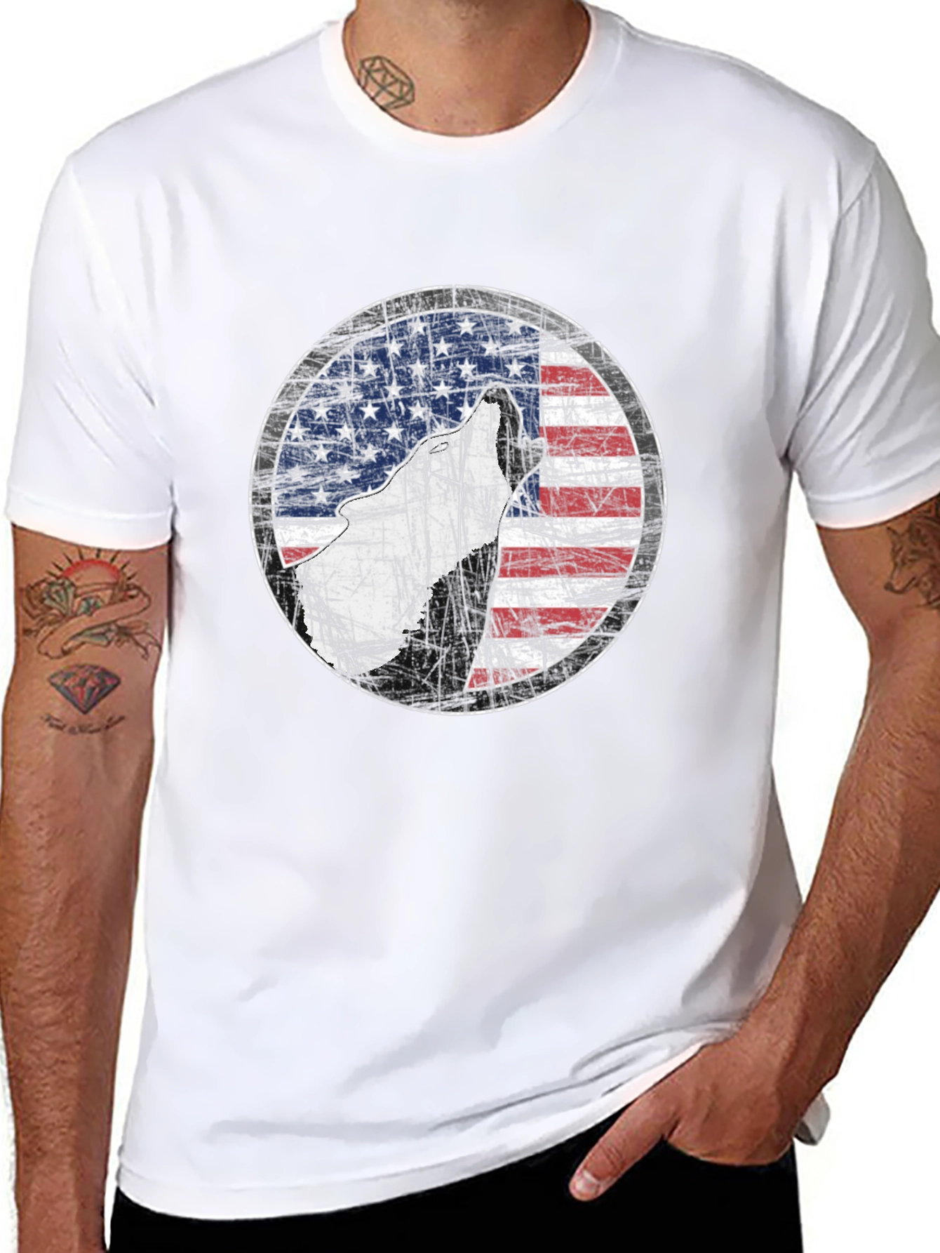 American Flag Wolf Graphic Print Tee