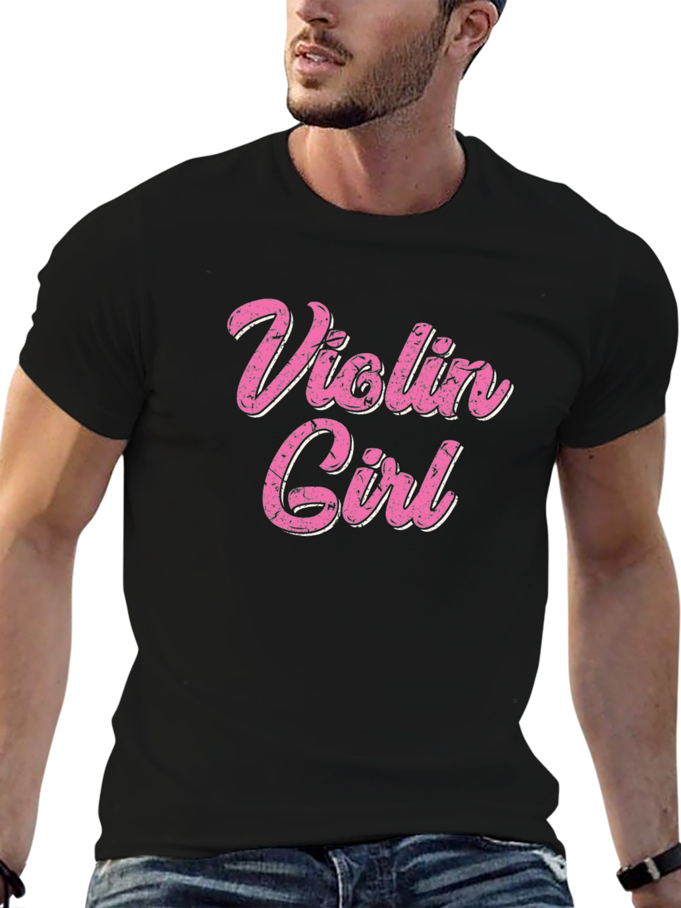Violin Girl Pink Text Black T-Shirt