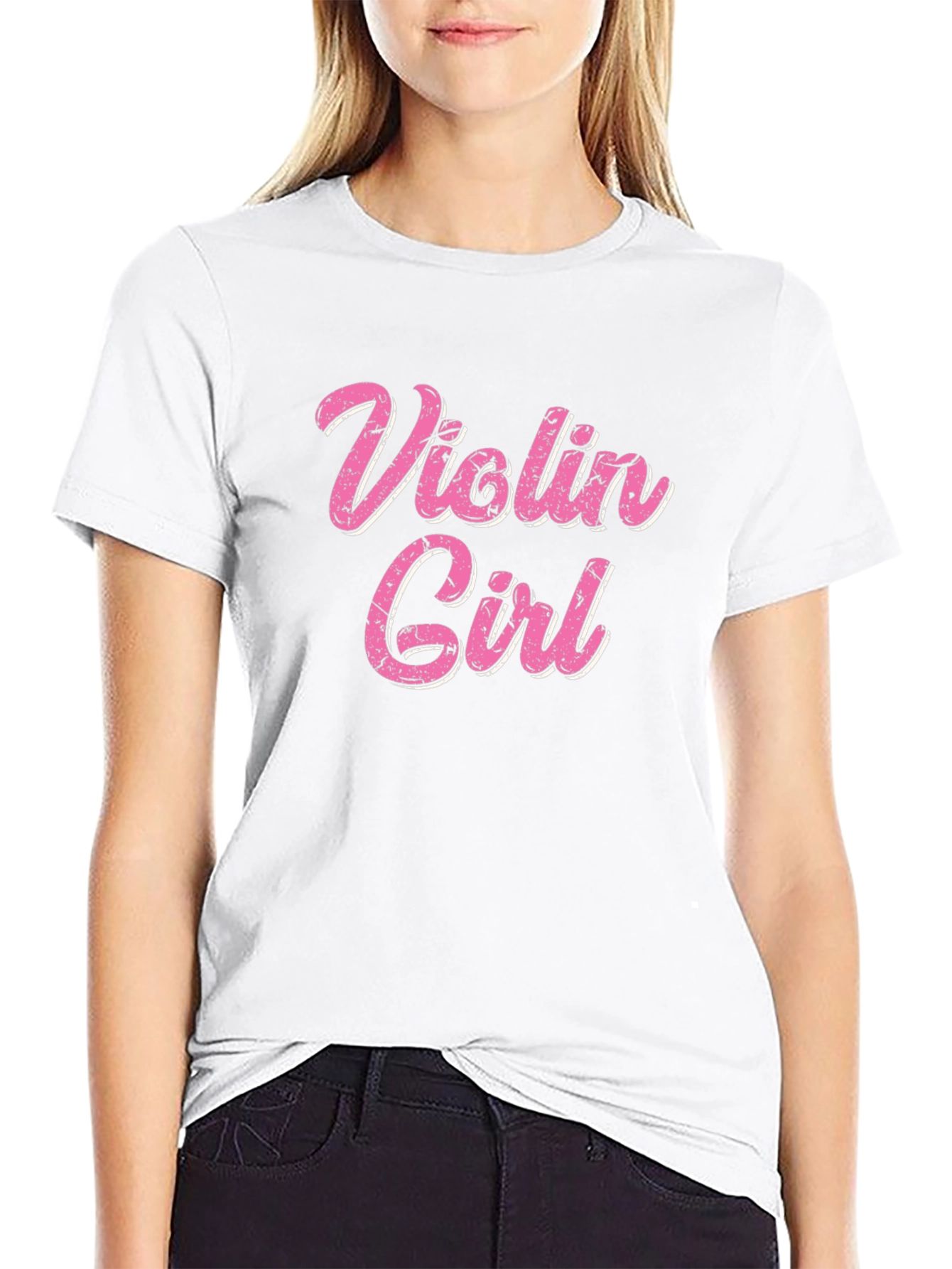 Violin Girl Pink Text Black T-Shirt
