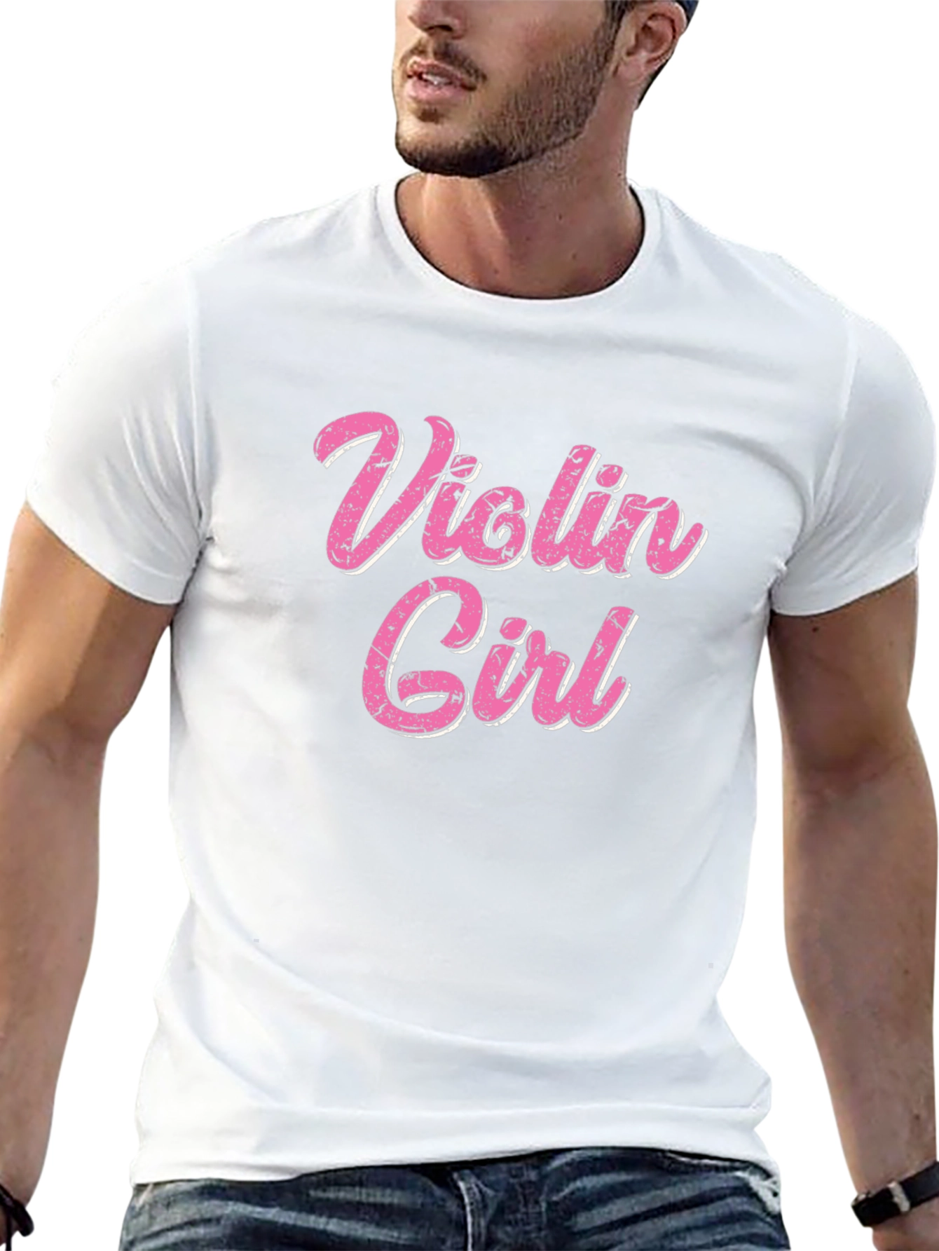 Violin Girl Pink Text Black T-Shirt