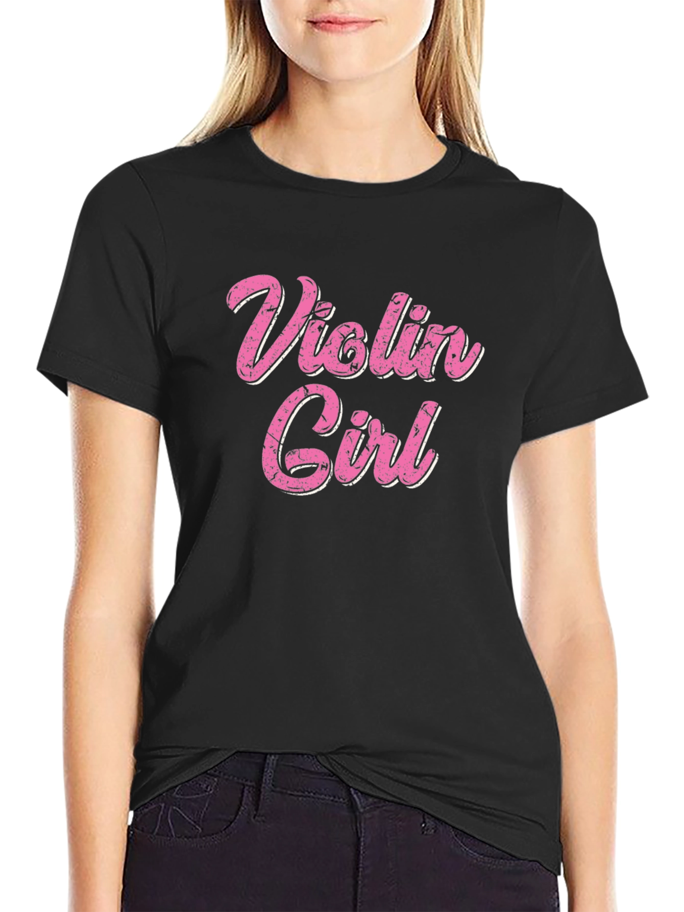 Violin Girl Pink Text Black T-Shirt