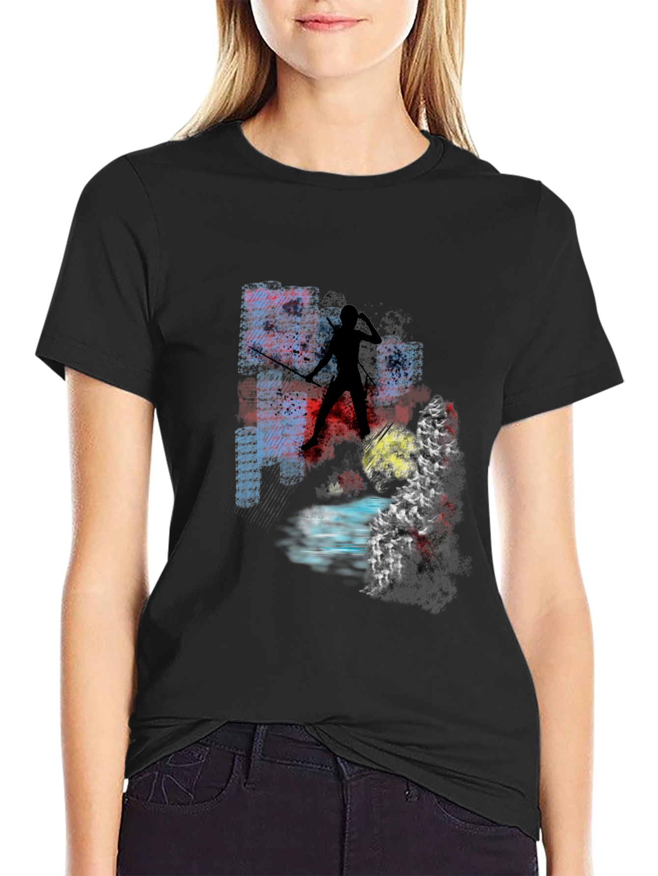 Abstract Warrior Graphic Tee - Black Cotton Blend