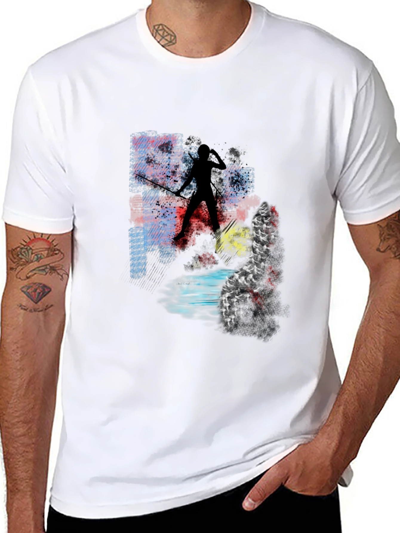 Abstract Warrior Graphic Tee - Black Cotton Blend