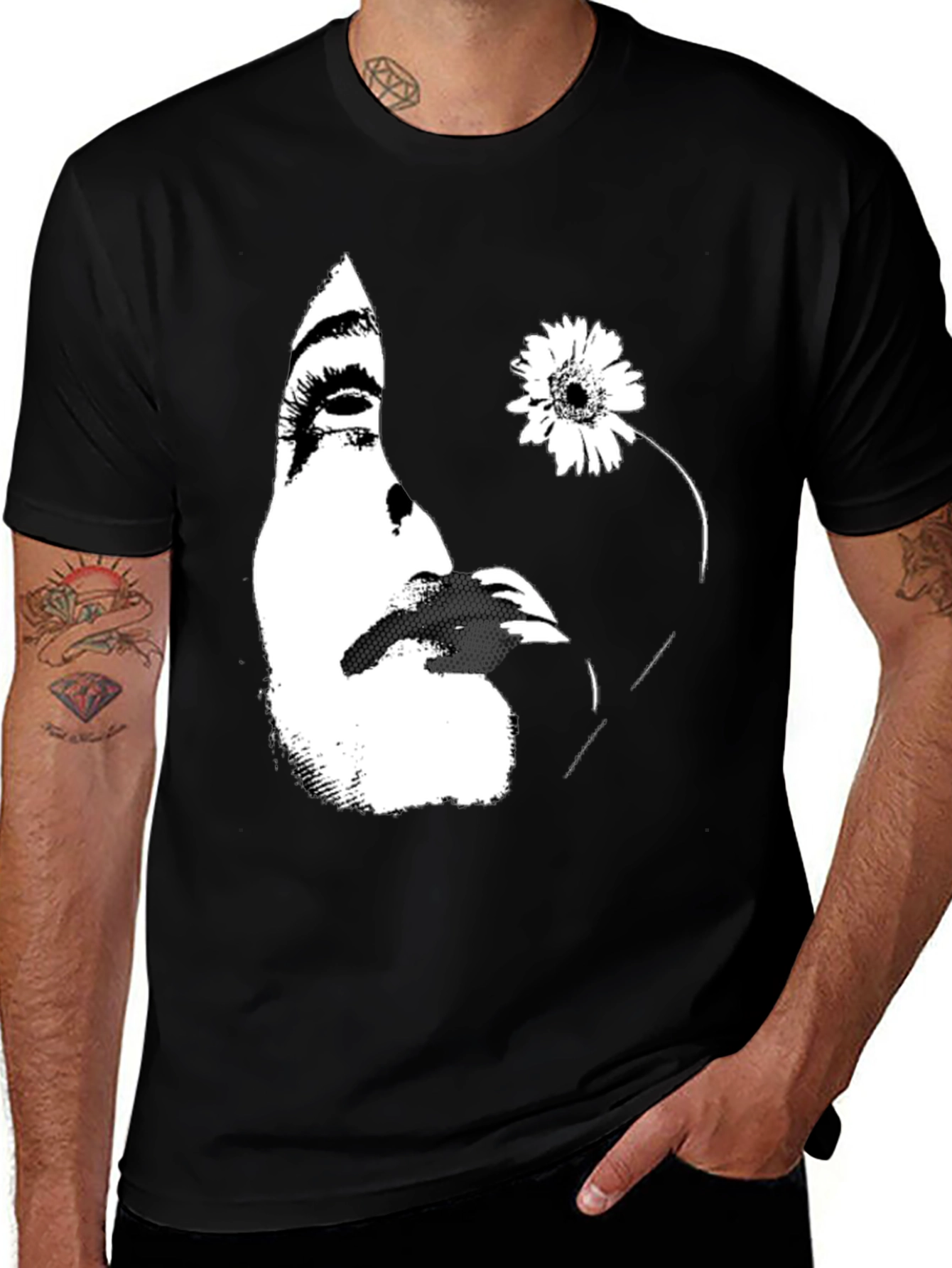 Abstract Face and Flower Graphic Tee - Black