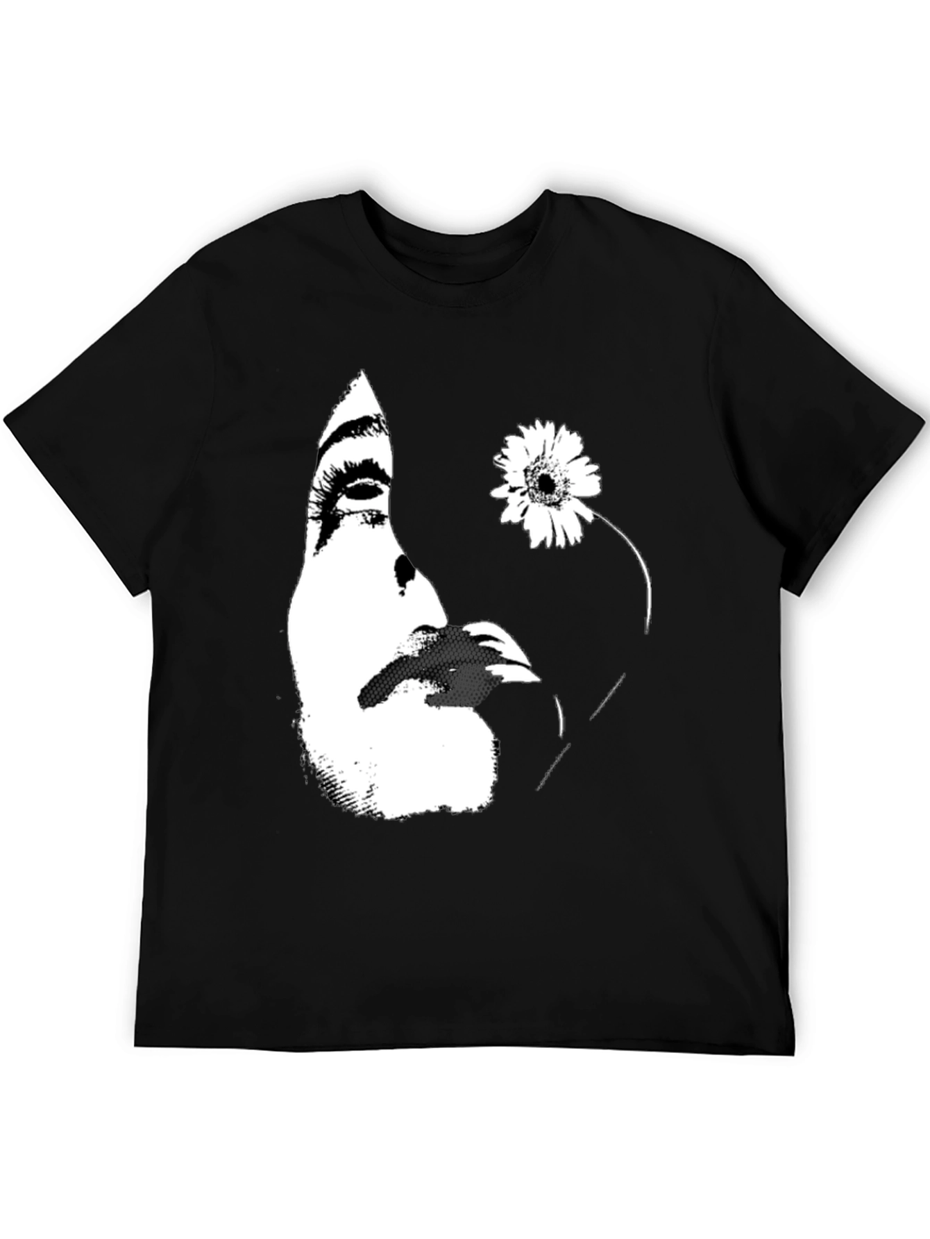 Abstract Face and Flower Graphic Tee - Black